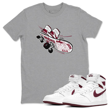 1s Metallic Burgundy shirt to match jordans Skateboard sneaker tees AJ1 Metallic Burgundy SNRT Sneaker Release Tees Unisex Heather Grey 1 T-Shirt