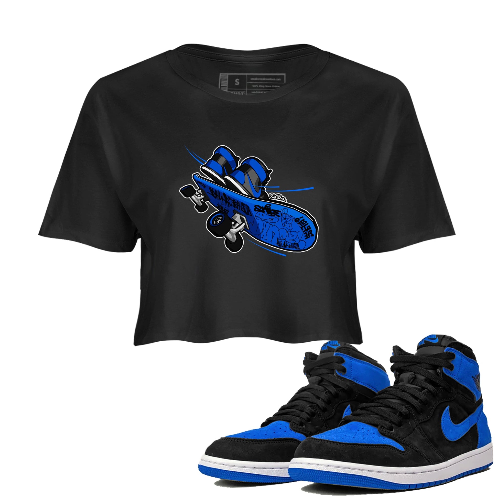 Air Jordan 1 Royal Reimagined shirt to match jordans Skateboard sneaker tees AJ1 Royal Reimagined SNRT Sneaker Release Tees Black 1 Crop T-Shirt