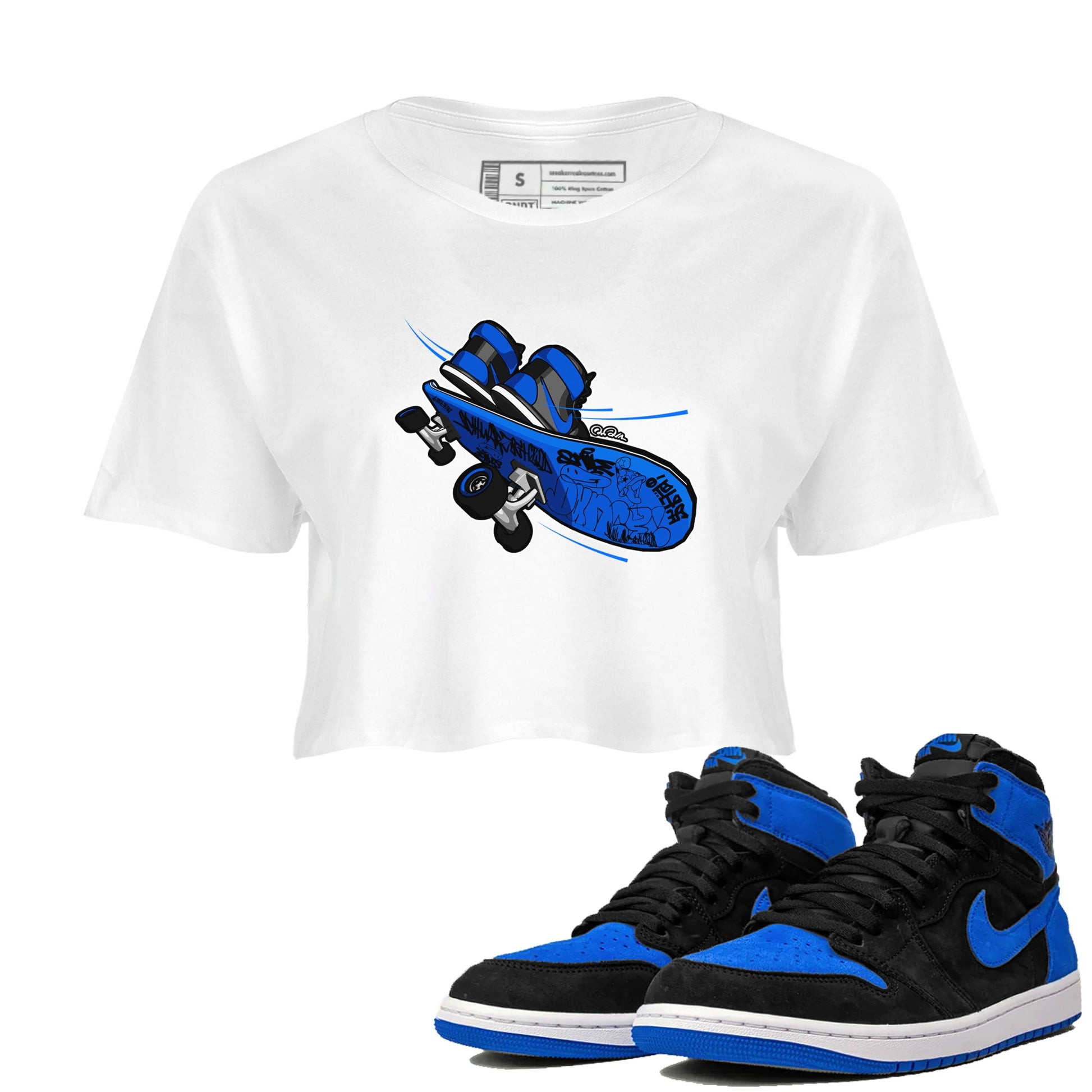 Air Jordan 1 Royal Reimagined shirt to match jordans Skateboard sneaker tees AJ1 Royal Reimagined SNRT Sneaker Release Tees White 1 Crop T-Shirt