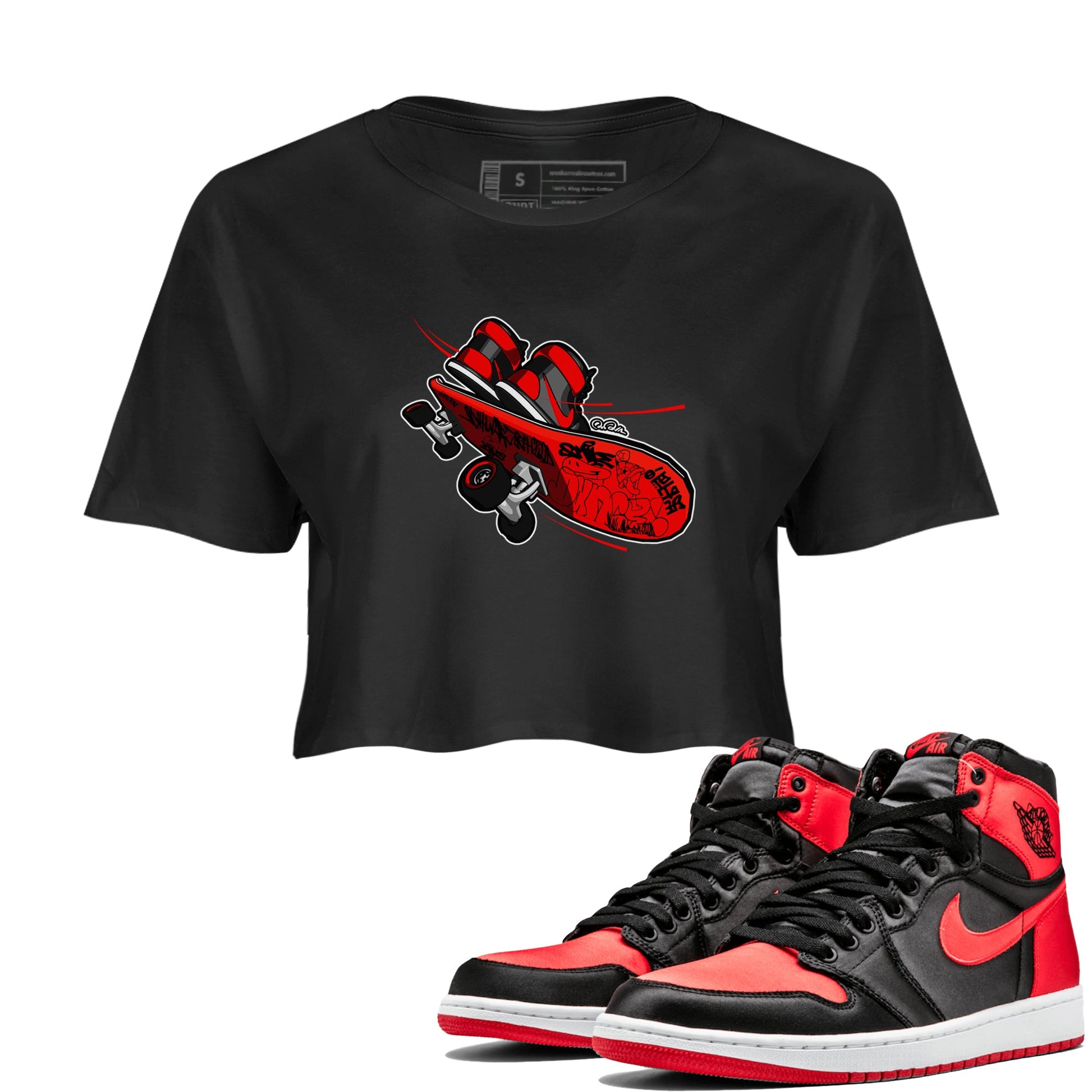 Air Jordan 1 Satin Bred shirt to match jordans Skateboard sneaker tees AJ1 Satin Bred SNRT Sneaker Release Tees Black 1 Crop T-Shirt