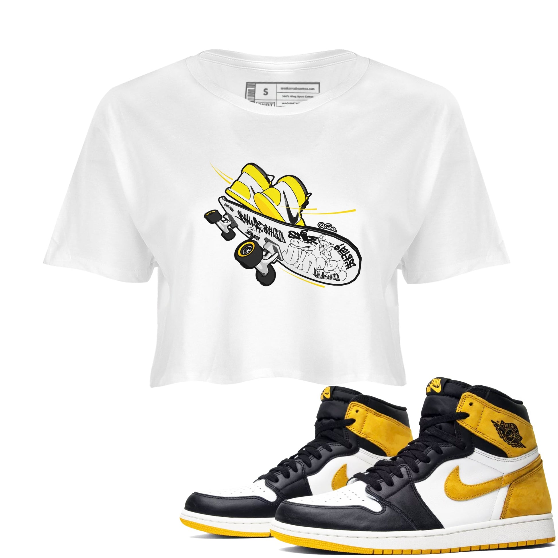 1s Yellow Ochre shirt to match jordans Skateboard sneaker tees Air Jordan 1 Yellow Ochre SNRT Sneaker Release Tees White 1 crop length shirt