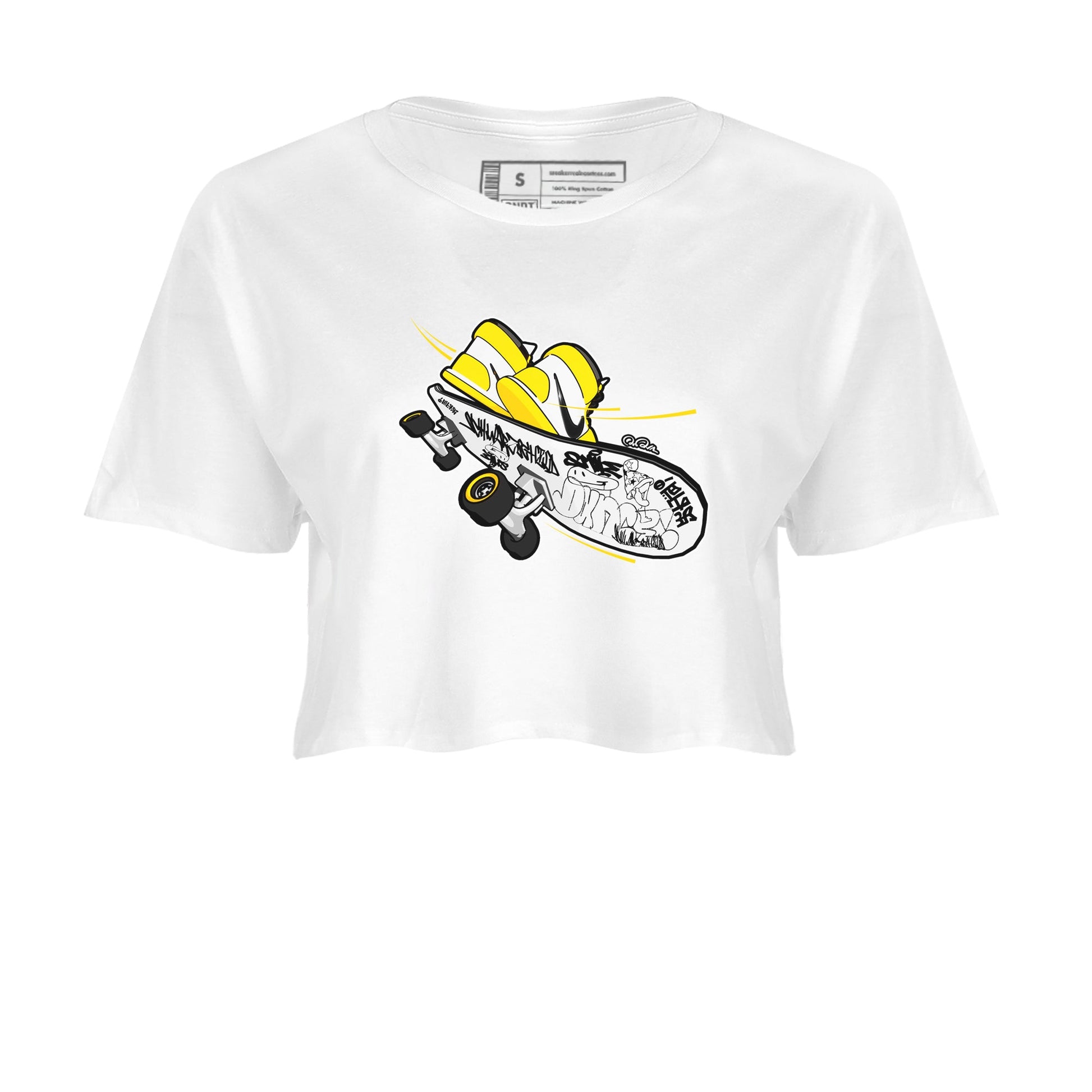 1s Yellow Ochre shirt to match jordans Skateboard sneaker tees Air Jordan 1 Yellow Ochre SNRT Sneaker Release Tees White 2 crop length shirt