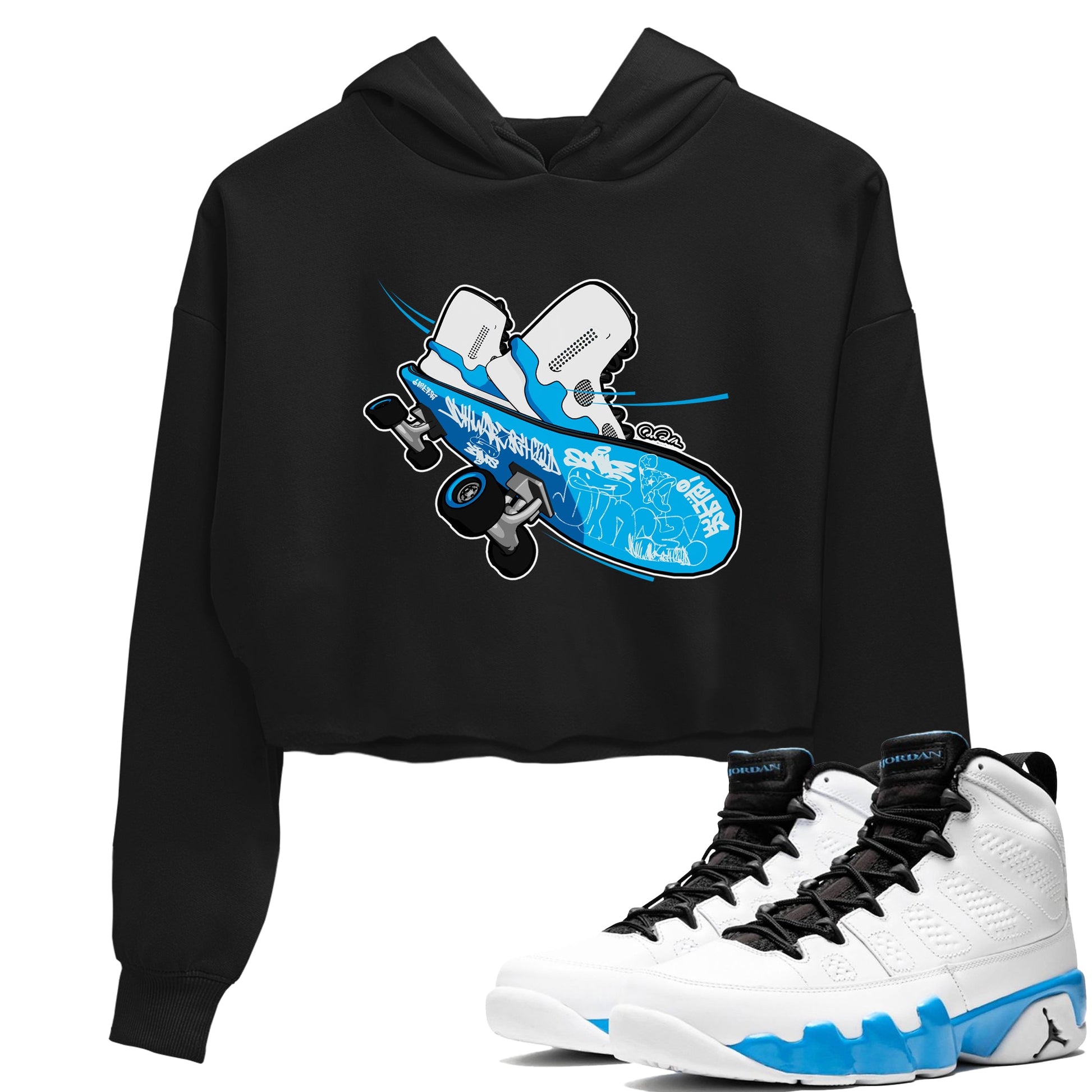 9s Powder Blue shirt to match jordans Skateboard sneaker tees Air Jordan 9 Powder Blue SNRT Sneaker Release Tees Black 1 crop length shirt