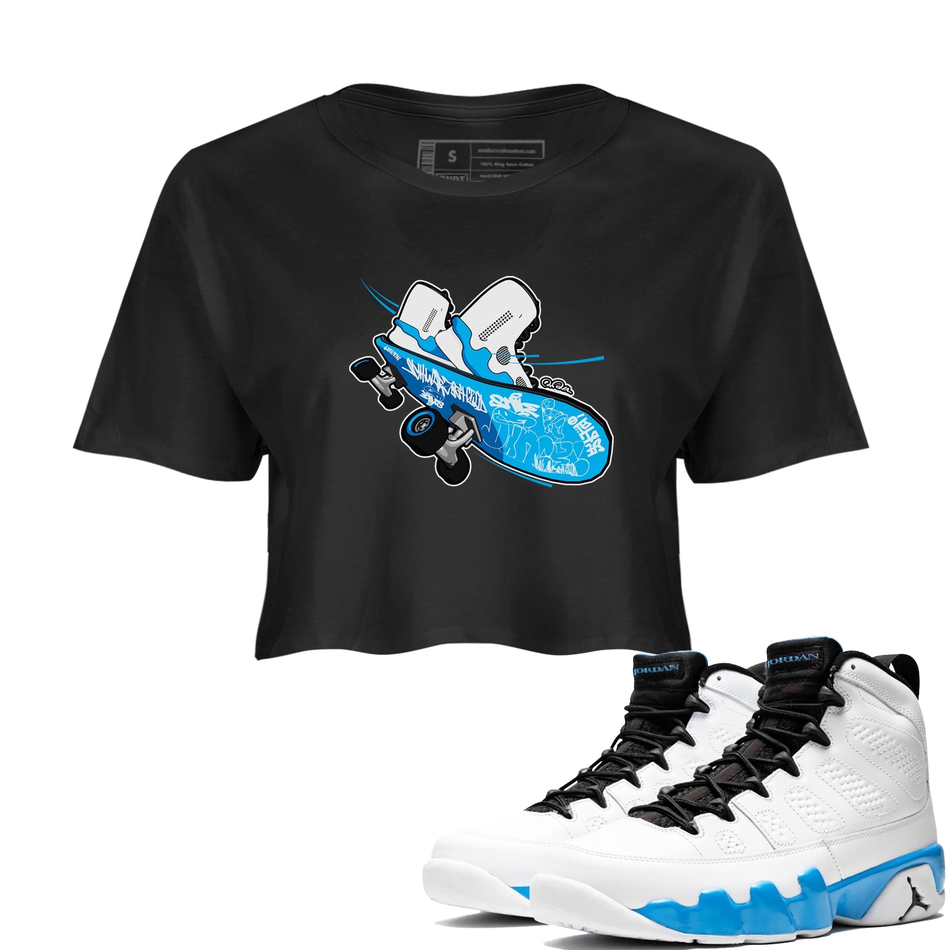 9s Powder Blue shirt to match jordans Skateboard sneaker tees Air Jordan 9 Powder Blue SNRT Sneaker Release Tees Black 1 crop length shirt