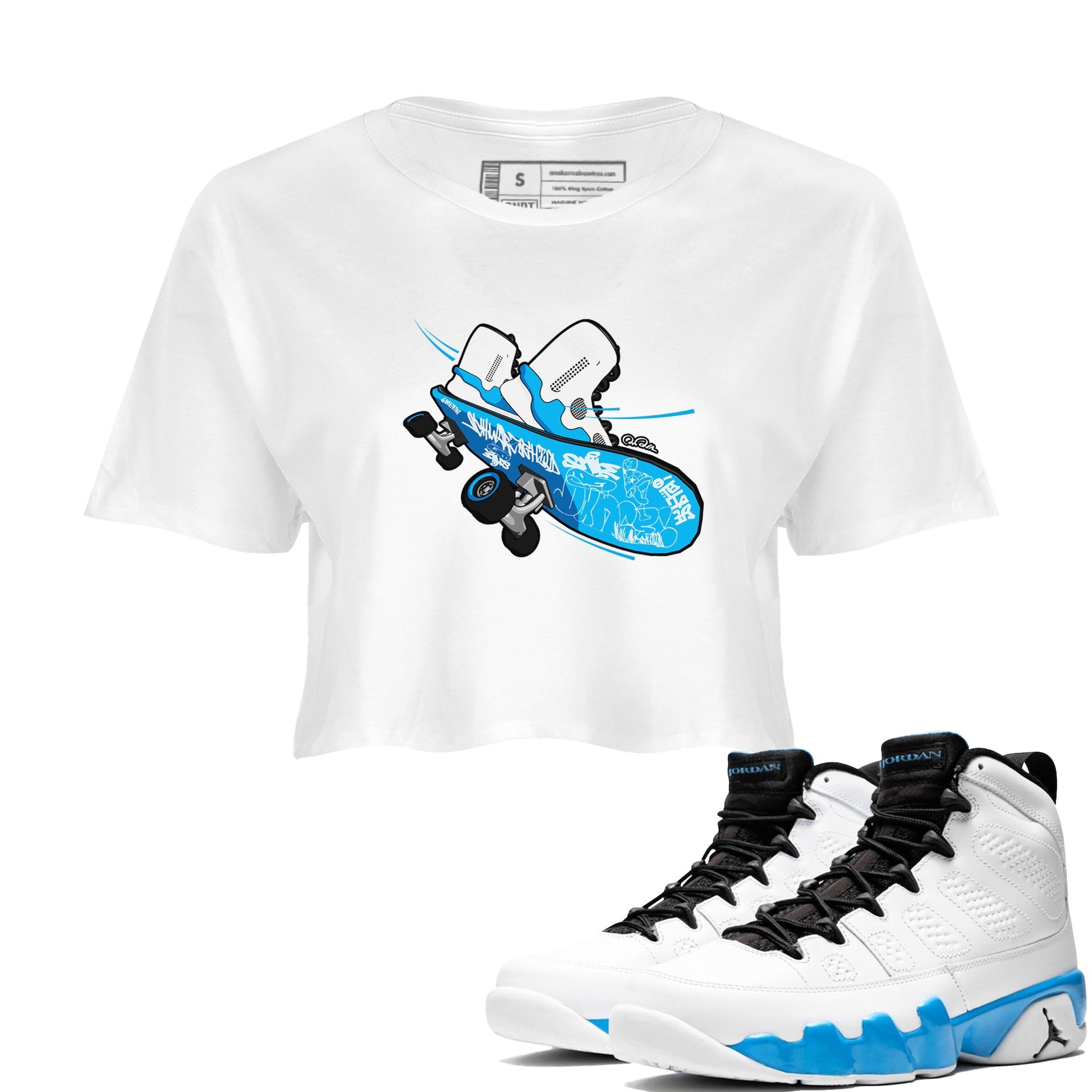 9s Powder Blue shirt to match jordans Skateboard sneaker tees Air Jordan 9 Powder Blue SNRT Sneaker Release Tees White 1 crop length shirt