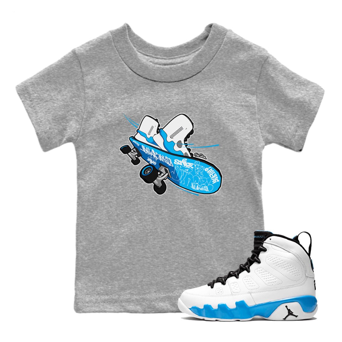 9s Powder Blue shirt to match jordans Skateboard sneaker tees Air Jordan 9 Powder Blue SNRT sneaker release tees baby toddler Heather Grey 1 cotton Shirt