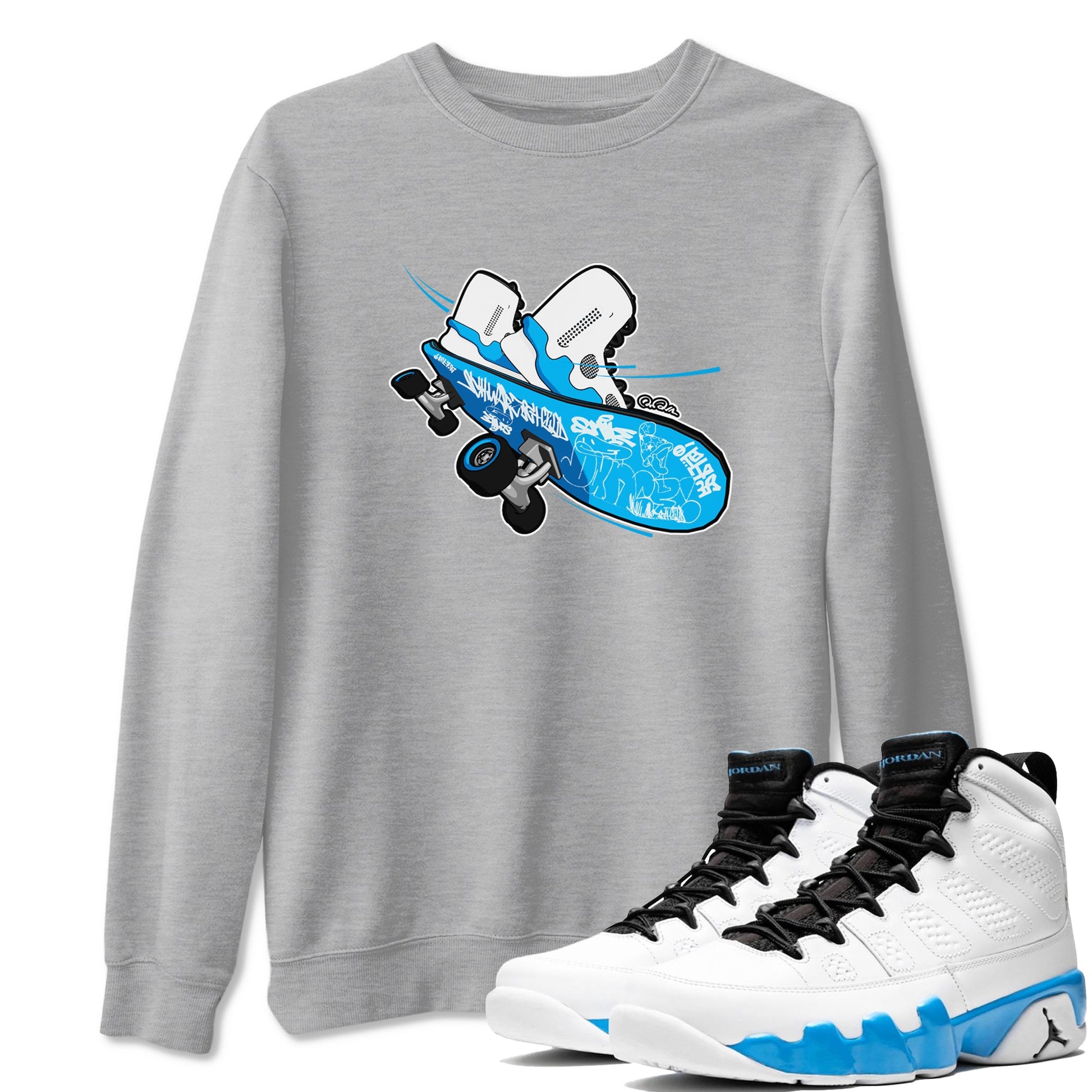 9s Powder Blue shirt to match jordans Skateboard sneaker tees Air Jordan 9 Powder Blue SNRT Sneaker Release Tees unisex cotton Heather Grey 1 crew neck shirt