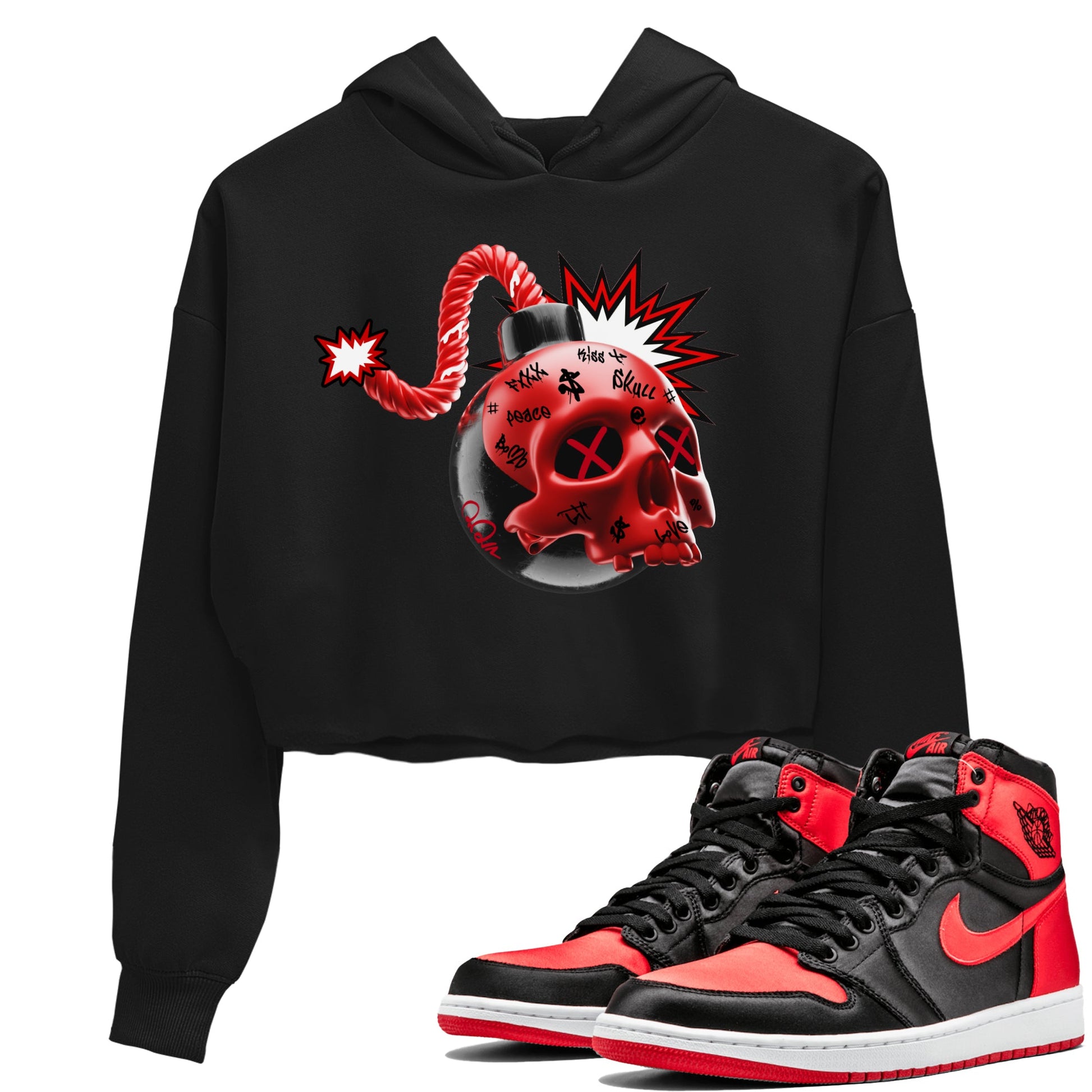 Air Jordan 1 Satin Bred Sneaker Match Tees Skull Bomb Sneaker Tees AJ1 Satin Bred Sneaker Release Tees Women's Shirts Black 1
