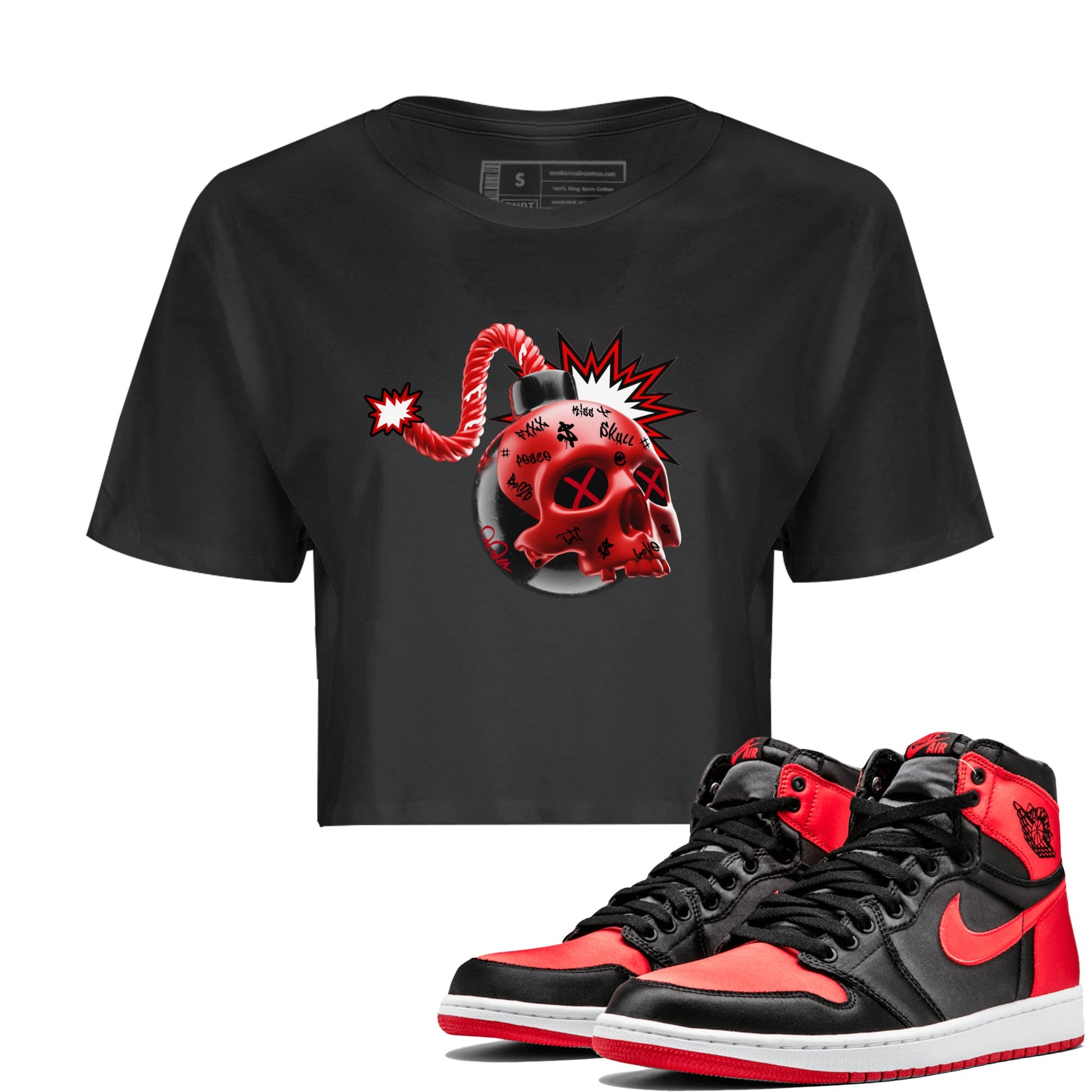 Air Jordan 1 Satin Bred Sneaker Match Tees Skull Bomb Sneaker Tees AJ1 Satin Bred Sneaker Release Tees Women's Shirts Black 1