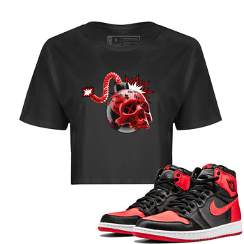 Air Jordan 1 Satin Bred Sneaker Match Tees Skull Bomb Sneaker Tees AJ1 Satin Bred Sneaker Release Tees Women's Shirts Black 1