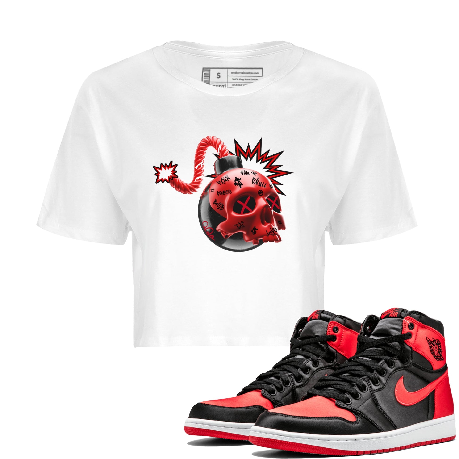 Air Jordan 1 Satin Bred Sneaker Match Tees Skull Bomb Sneaker Tees AJ1 Satin Bred Sneaker Release Tees Women's Shirts White 1