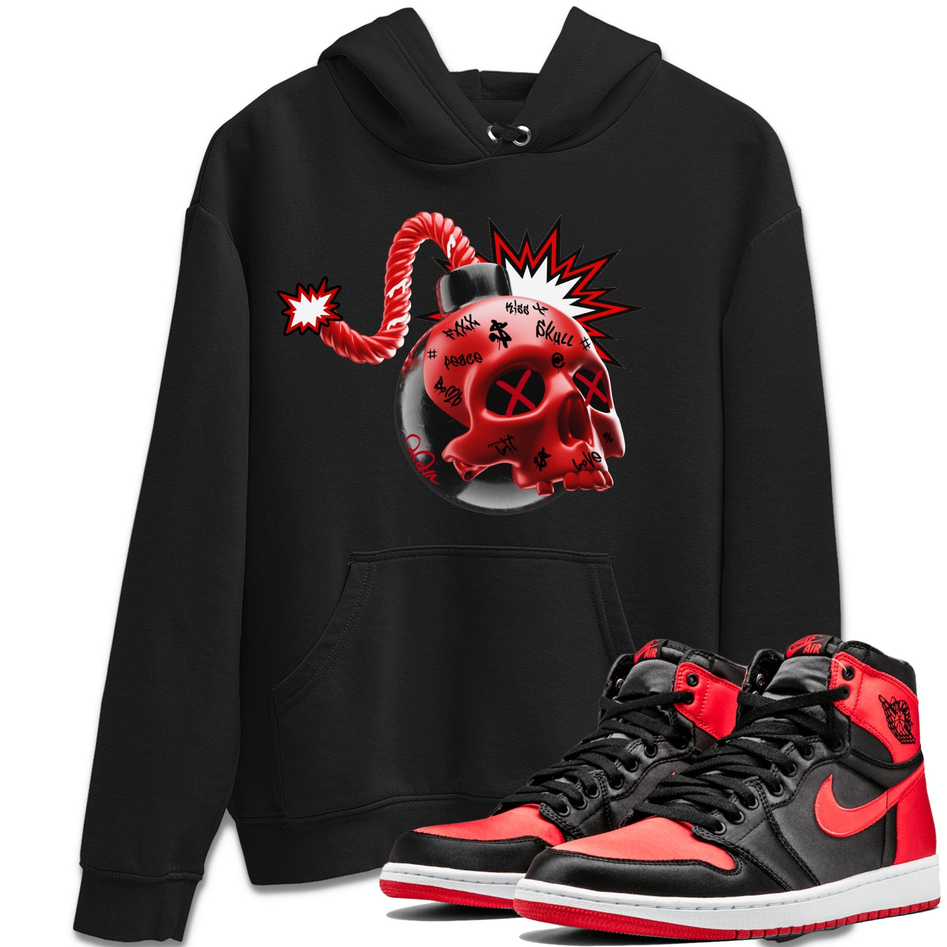 Air Jordan 1 Satin Bred Sneaker Match Tees Skull Bomb Sneaker Tees AJ1 Satin Bred Sneaker Release Tees Unisex Shirts Black 1