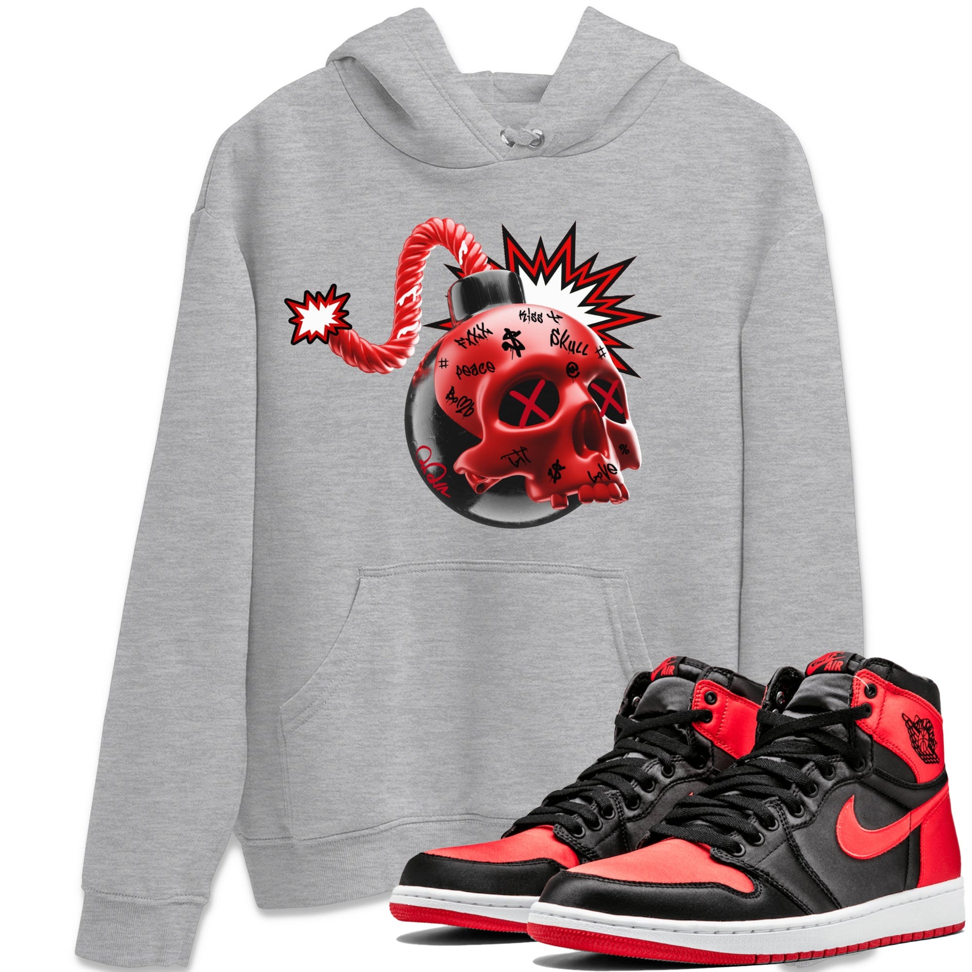 Air Jordan 1 Satin Bred Sneaker Match Tees Skull Bomb Sneaker Tees AJ1 Satin Bred Sneaker Release Tees Unisex Shirts Heather Grey 1