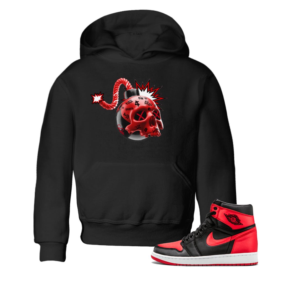 Air Jordan 1 Satin Bred Sneaker Match Tees Skull Bomb Sneaker Tees AJ1 Satin Bred Sneaker Release Tees Kids Shirts Black 1