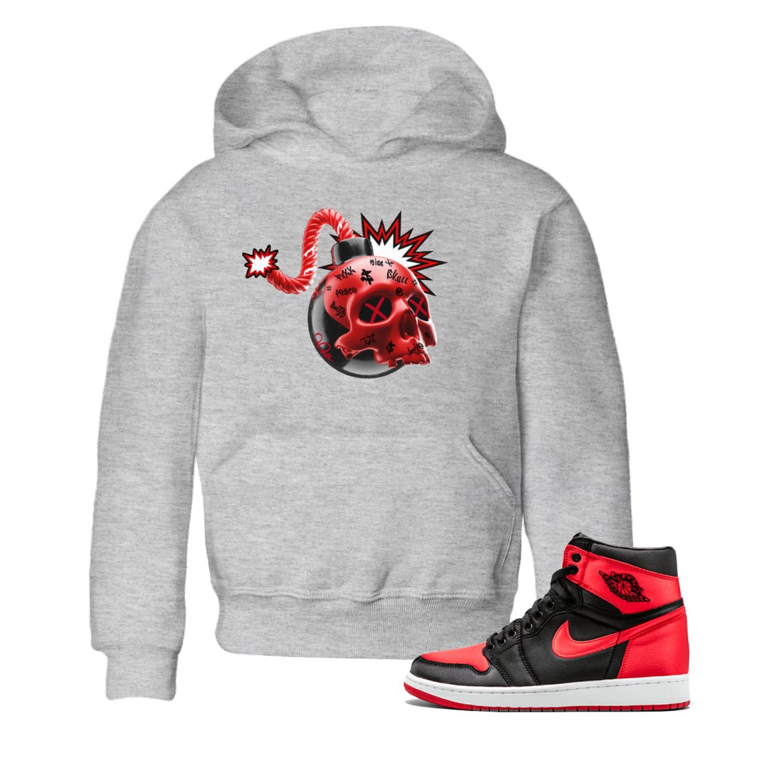 Air Jordan 1 Satin Bred Sneaker Match Tees Skull Bomb Sneaker Tees AJ1 Satin Bred Sneaker Release Tees Kids Shirts Heather Grey 1