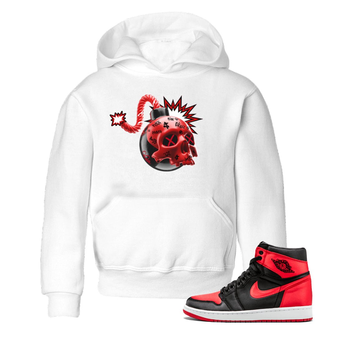 Air Jordan 1 Satin Bred Sneaker Match Tees Skull Bomb Sneaker Tees AJ1 Satin Bred Sneaker Release Tees Kids Shirts White 1