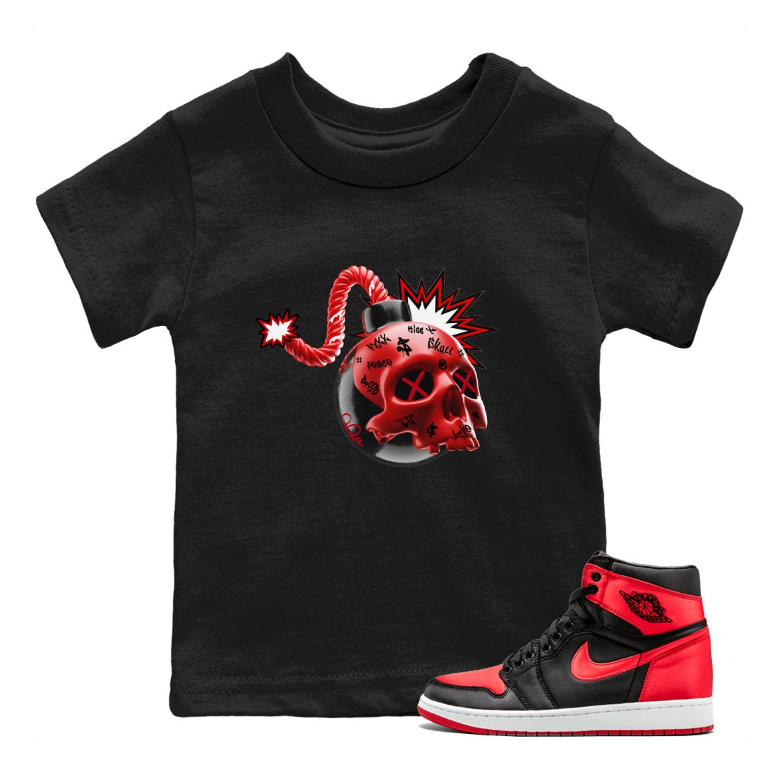 Air Jordan 1 Satin Bred Sneaker Match Tees Skull Bomb Sneaker Tees AJ1 Satin Bred Sneaker Release Tees Kids Shirts Black 1