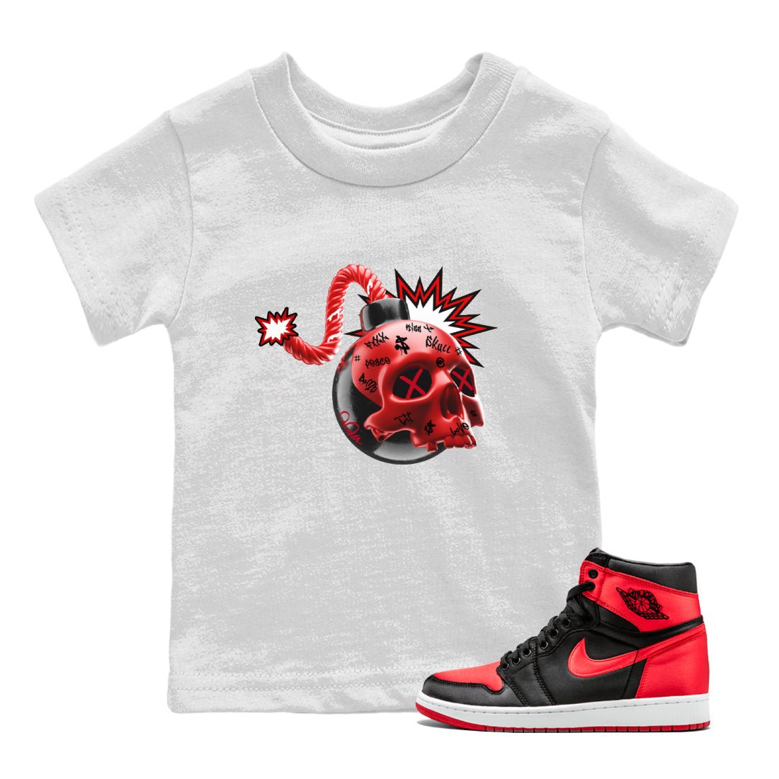 Air Jordan 1 Satin Bred Sneaker Match Tees Skull Bomb Sneaker Tees AJ1 Satin Bred Sneaker Release Tees Kids Shirts White 1