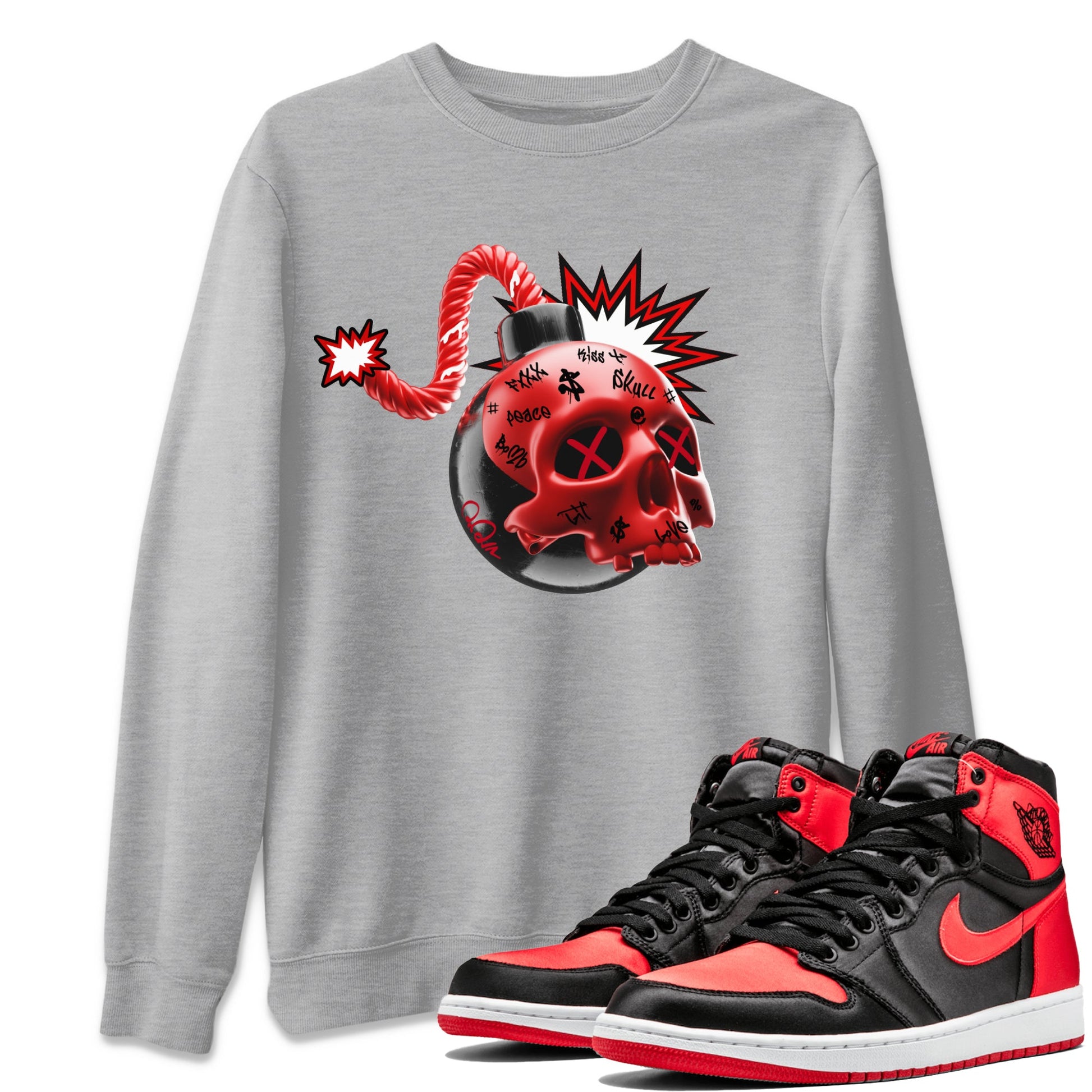 Air Jordan 1 Satin Bred Sneaker Match Tees Skull Bomb Sneaker Tees AJ1 Satin Bred Sneaker Release Tees Unisex Shirts Heather Grey 1