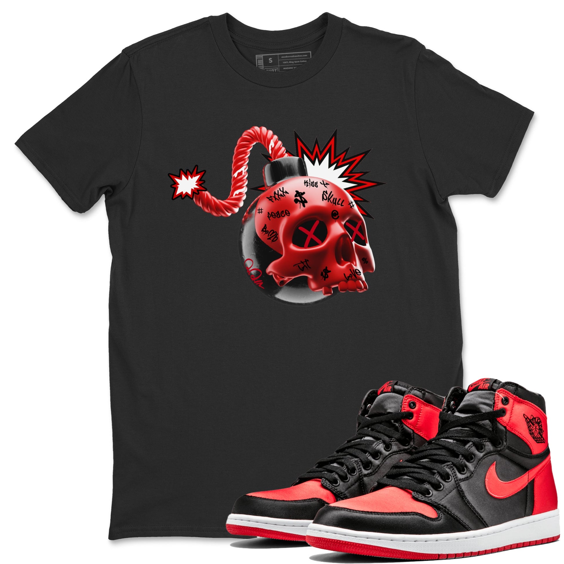 Air Jordan 1 Satin Bred Sneaker Match Tees Skull Bomb Sneaker Tees AJ1 Satin Bred Sneaker Release Tees Unisex Shirts Black 1