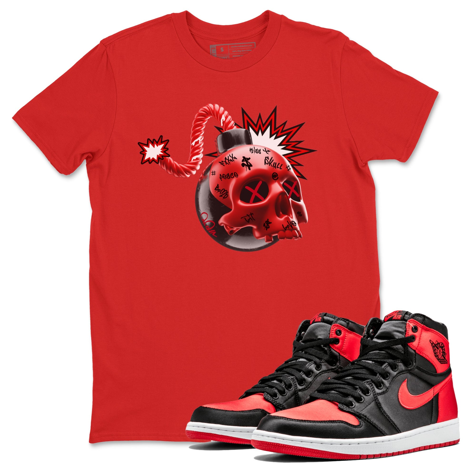 Air Jordan 1 Satin Bred Sneaker Match Tees Skull Bomb Sneaker Tees AJ1 Satin Bred Sneaker Release Tees Unisex Shirts Red 1