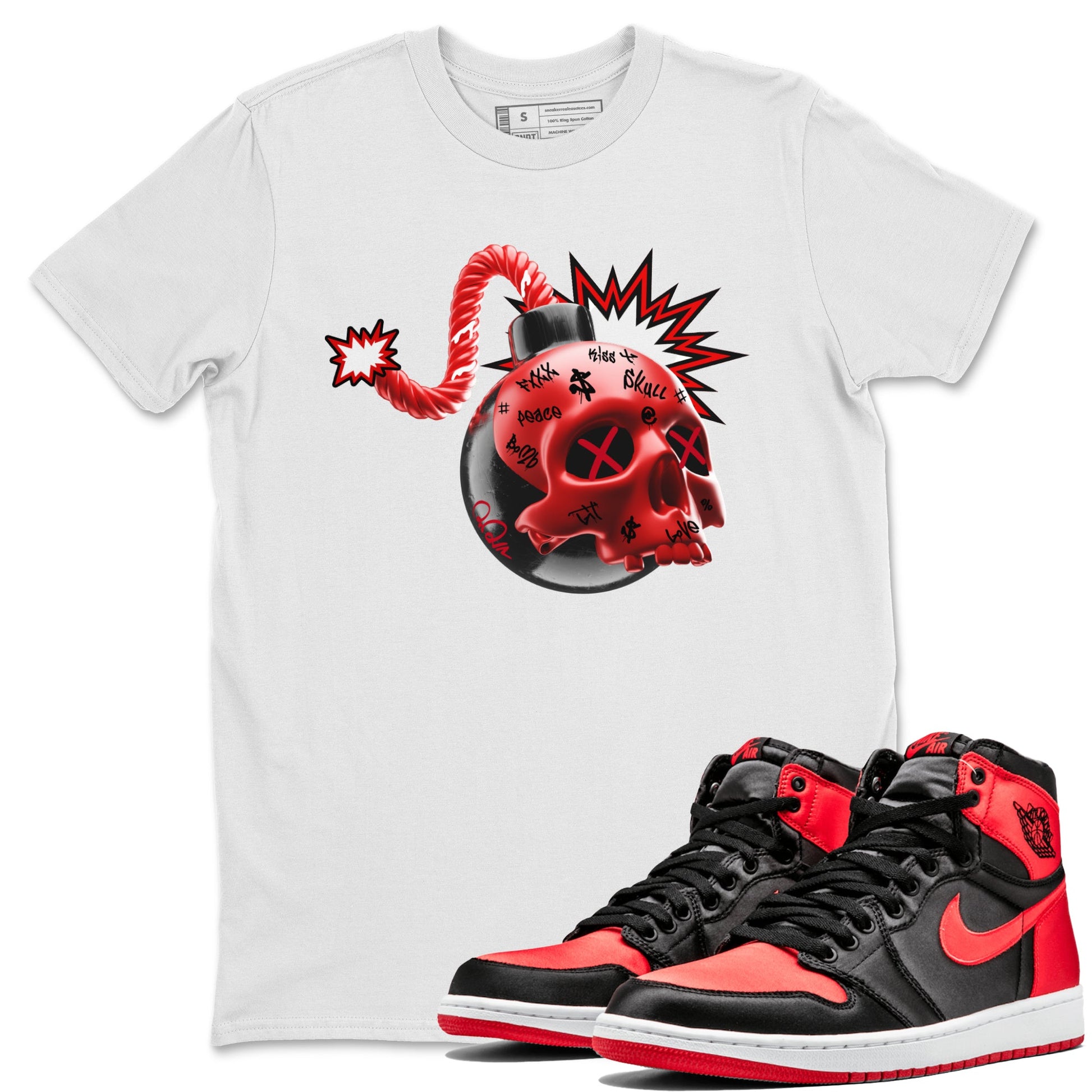 Air Jordan 1 Satin Bred Sneaker Match Tees Skull Bomb Sneaker Tees AJ1 Satin Bred Sneaker Release Tees Unisex Shirts White 1