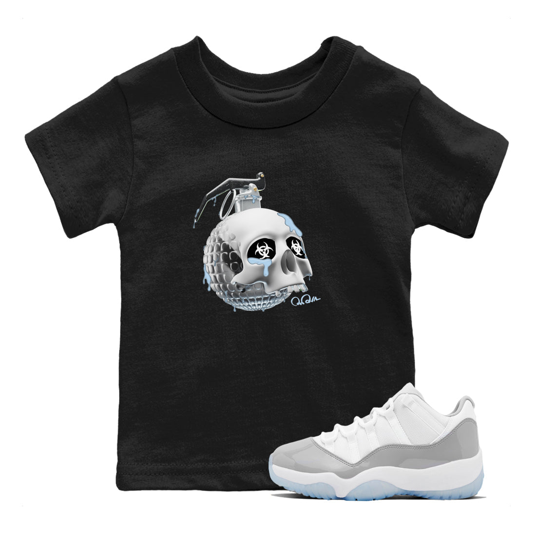 Air Jordan 11 White Cement Sneaker Match Tees Skull Bomb Sneaker Tees Air Jordan 11 Cement Grey Sneaker Release Tees Kids Shirts Black 1