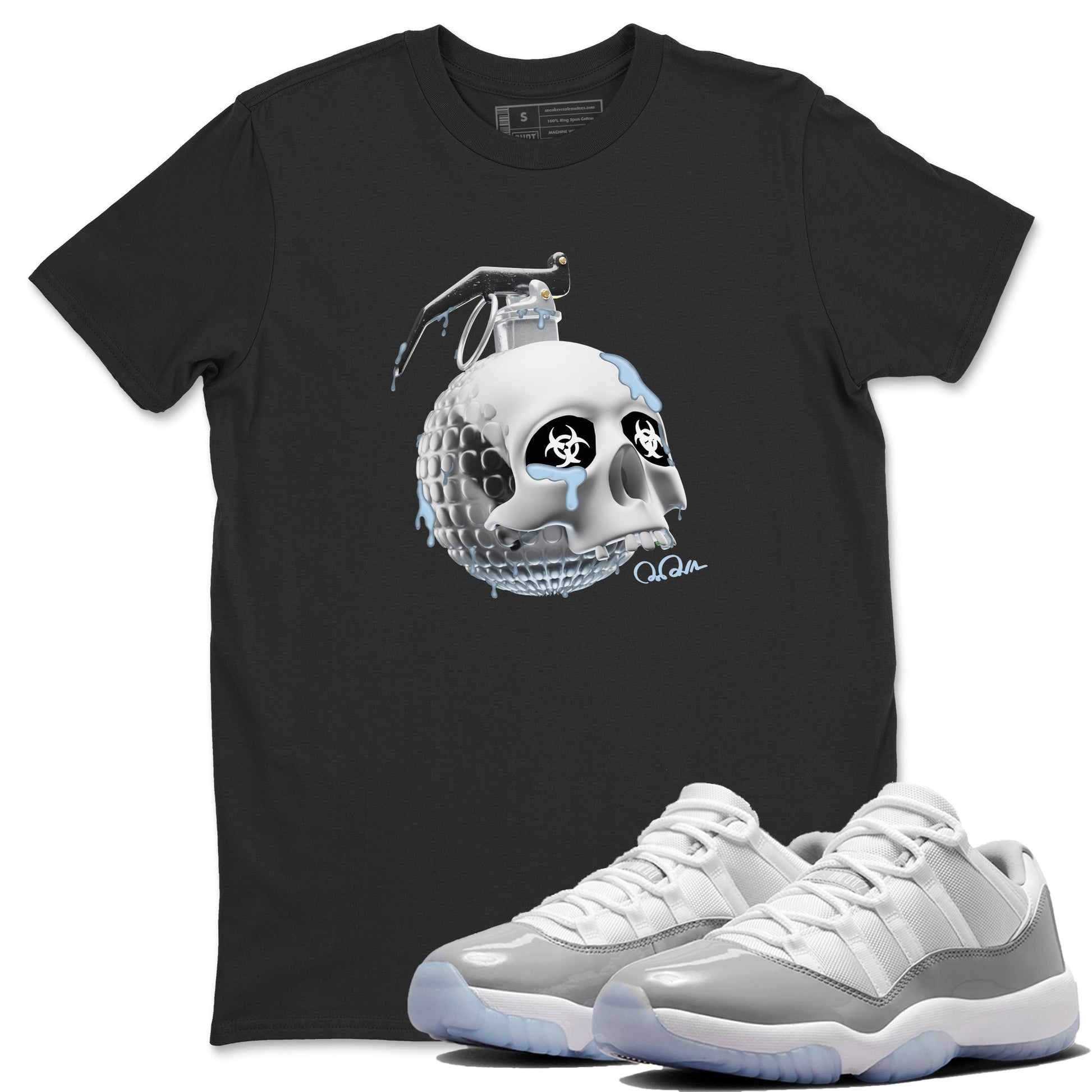 Air Jordan 11 White Cement Sneaker Match Tees Skull Bomb Sneaker Tees Air Jordan 11 Cement Grey Sneaker Release Tees Unisex Shirts Black 1