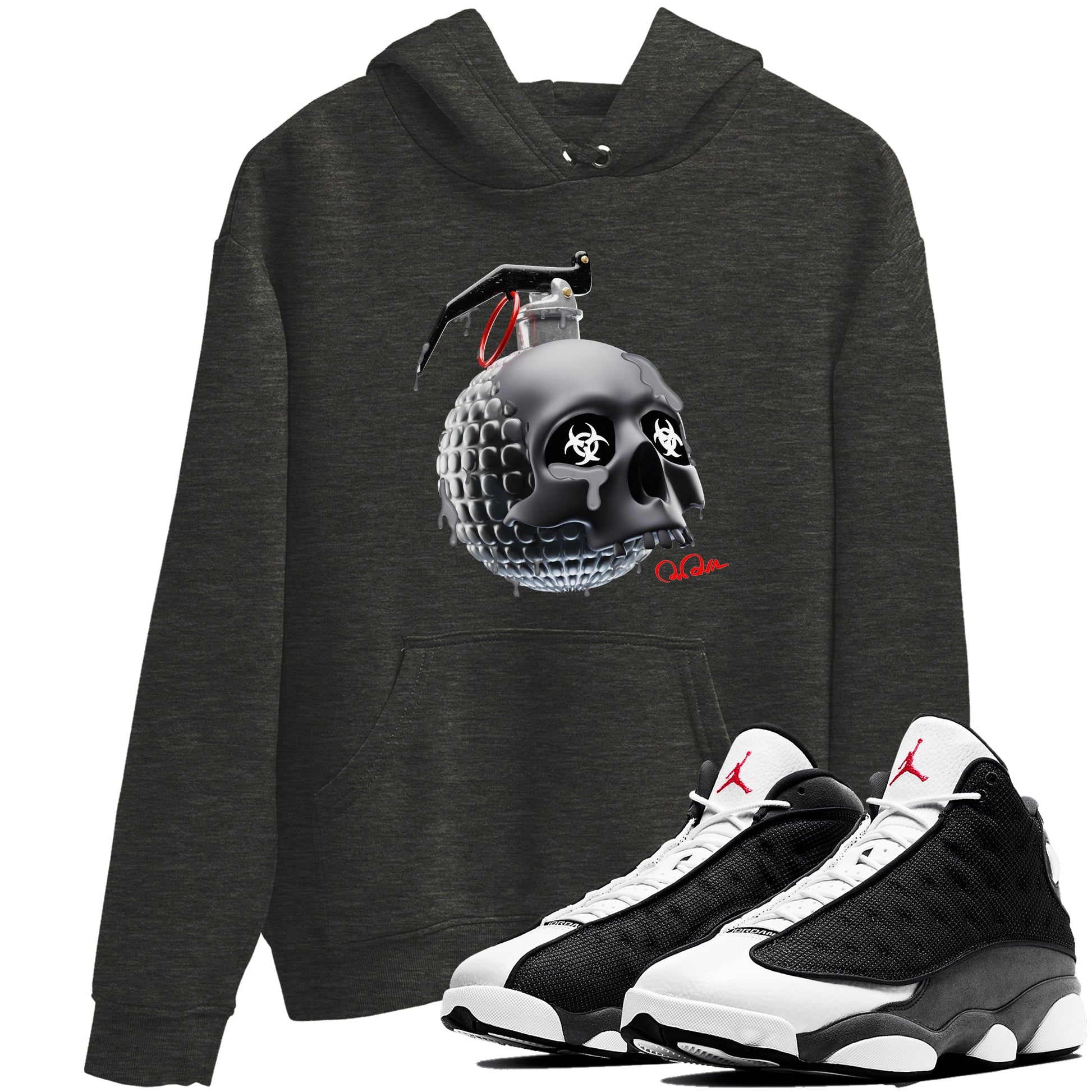 Air Jordan 13 Black Flint Sneaker Match Tees Skull Bomb Sneaker Tees AJ13 Retro Black Flint Sneaker Release Tees Unisex Shirts Charcoal Heather 1