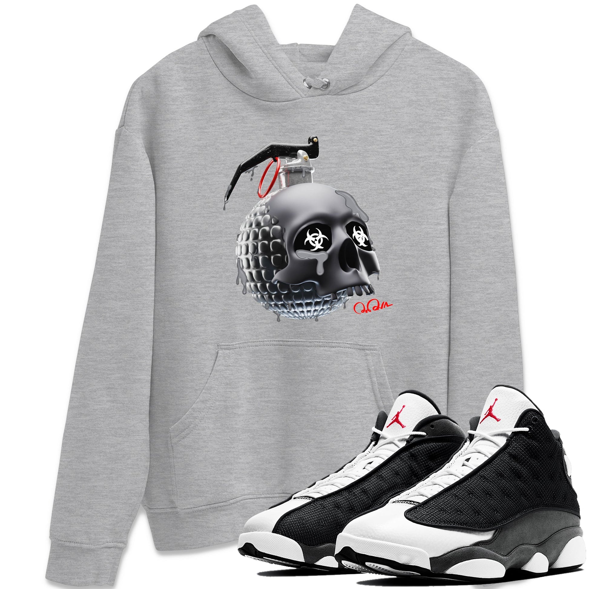 Air Jordan 13 Black Flint Sneaker Match Tees Skull Bomb Sneaker Tees AJ13 Retro Black Flint Sneaker Release Tees Unisex Shirts Heather Grey 1