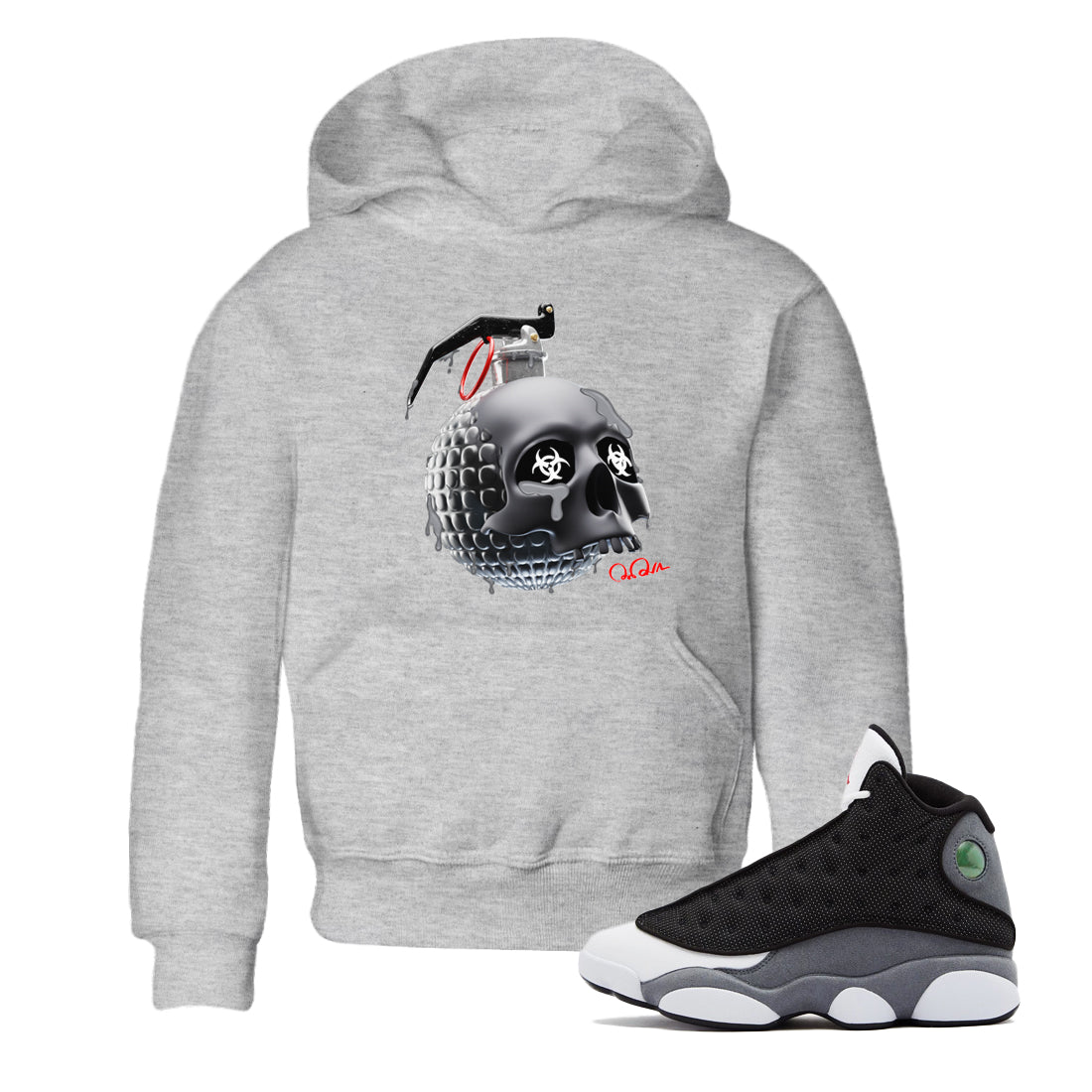 Air Jordan 13 Black Flint Sneaker Match Tees Skull Bomb Sneaker Tees AJ13 Retro Black Flint Sneaker Release Tees Kids Shirts Heather Grey 1