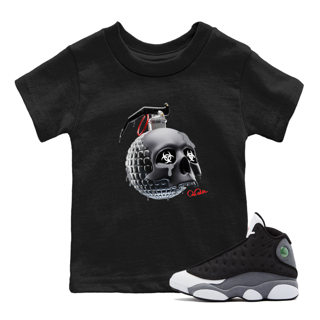 Air Jordan 13 Black Flint Sneaker Match Tees Skull Bomb Sneaker Tees AJ13 Retro Black Flint Sneaker Release Tees Kids Shirts Black 1