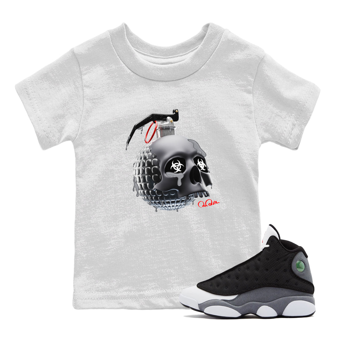 Air Jordan 13 Black Flint Sneaker Match Tees Skull Bomb Sneaker Tees AJ13 Retro Black Flint Sneaker Release Tees Kids Shirts White 1