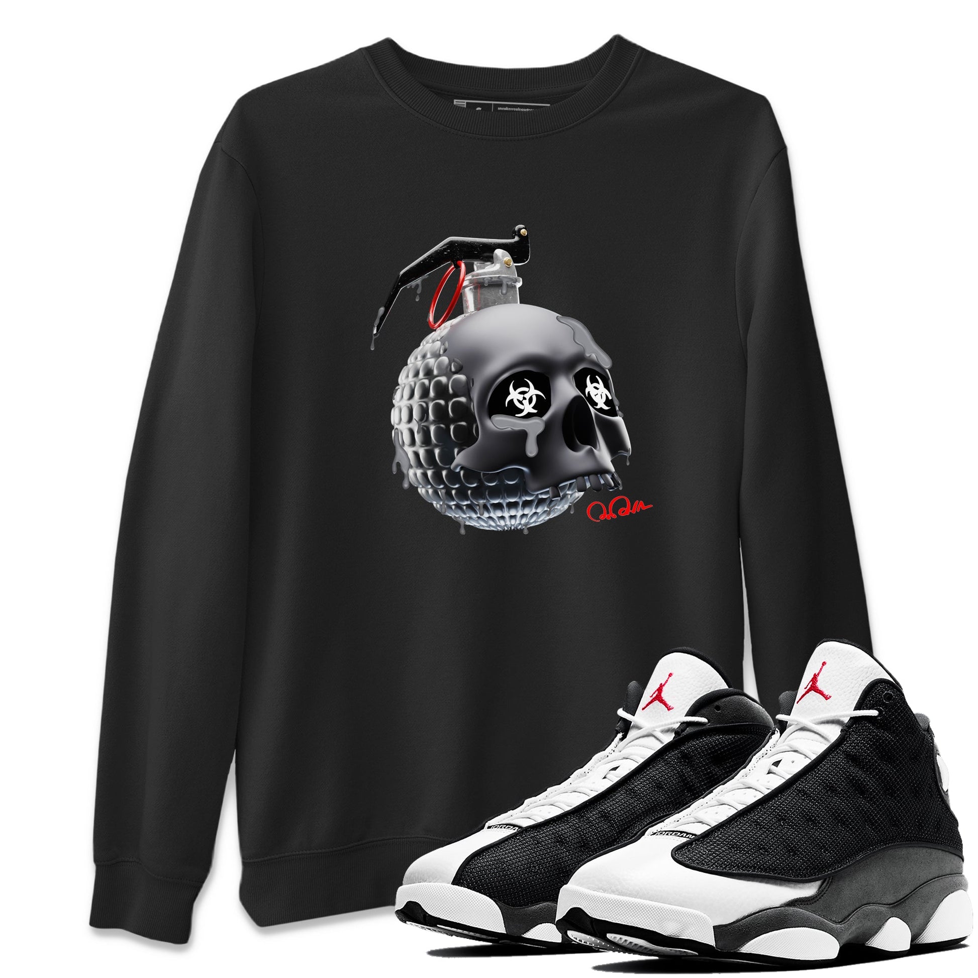 Air Jordan 13 Black Flint Sneaker Match Tees Skull Bomb Sneaker Tees AJ13 Retro Black Flint Sneaker Release Tees Unisex Shirts Black 1