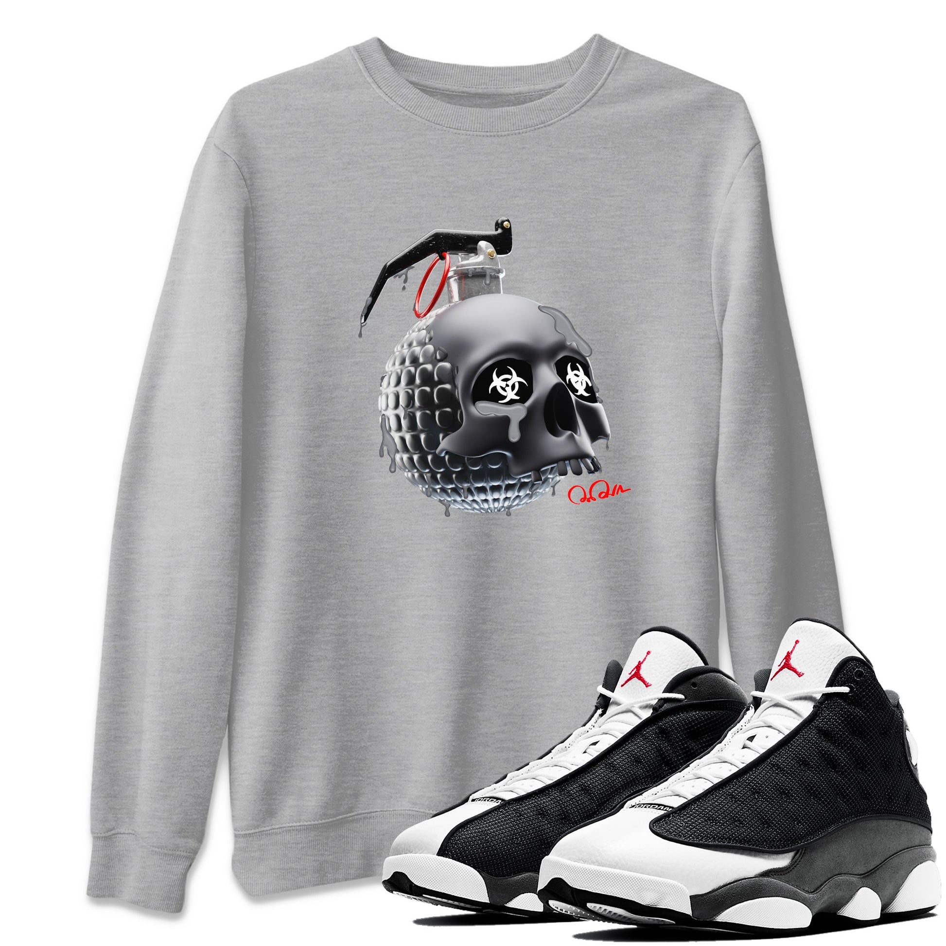 Air Jordan 13 Black Flint Sneaker Match Tees Skull Bomb Sneaker Tees AJ13 Retro Black Flint Sneaker Release Tees Unisex Shirts Heather Grey 1