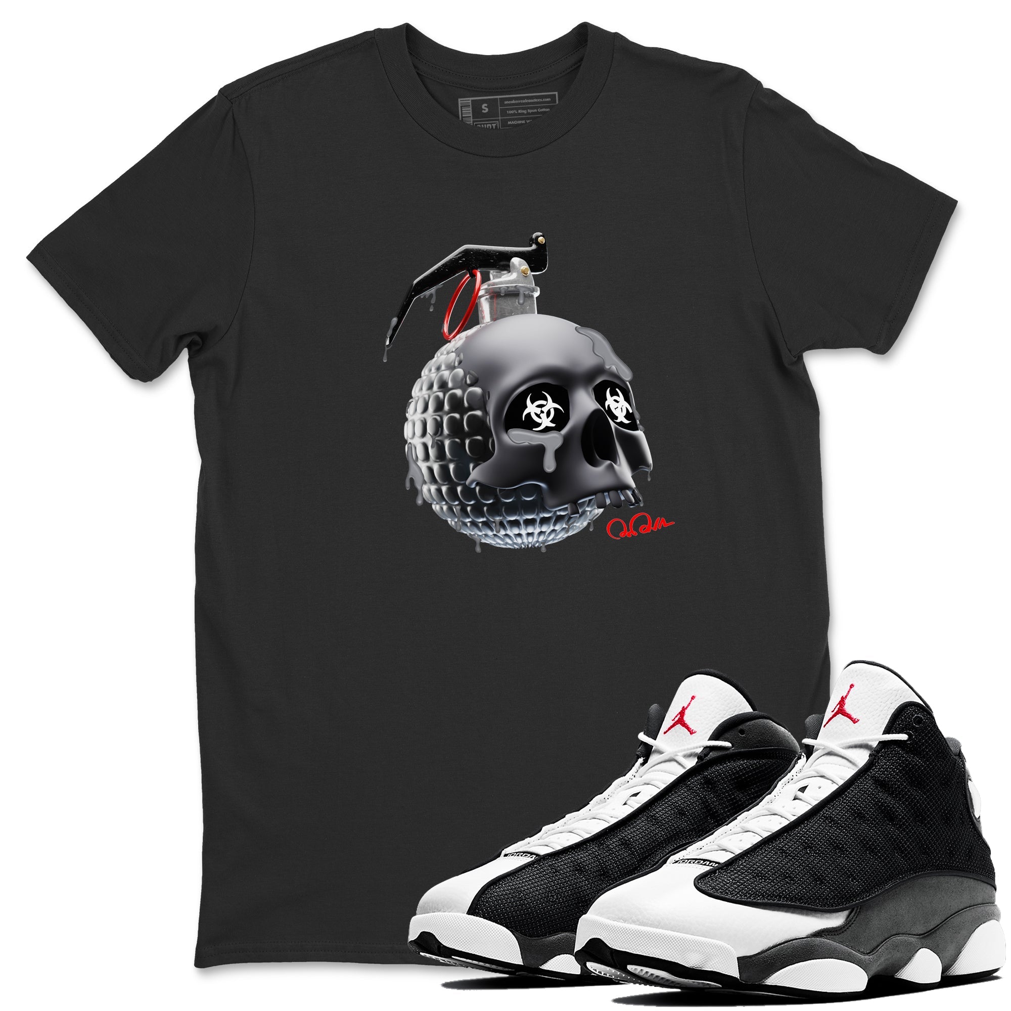 Air Jordan 13 Black Flint Sneaker Match Tees Skull Bomb Sneaker Tees AJ13 Retro Black Flint Sneaker Release Tees Unisex Shirts Black 1