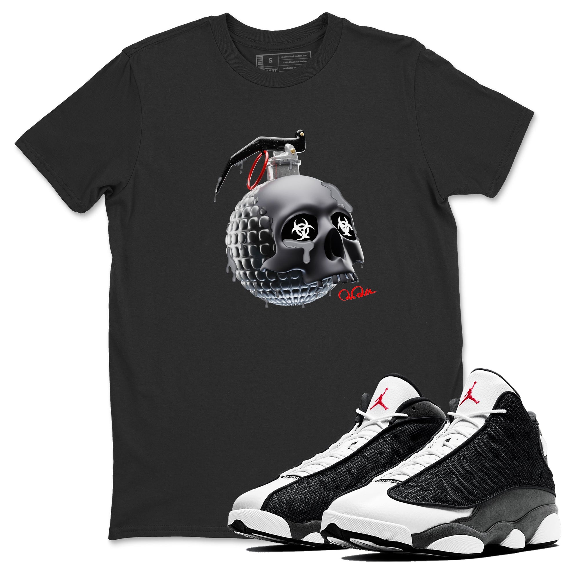 Air Jordan 13 Black Flint Sneaker Match Tees Skull Bomb Sneaker Tees AJ13 Retro Black Flint Sneaker Release Tees Unisex Shirts Black 1