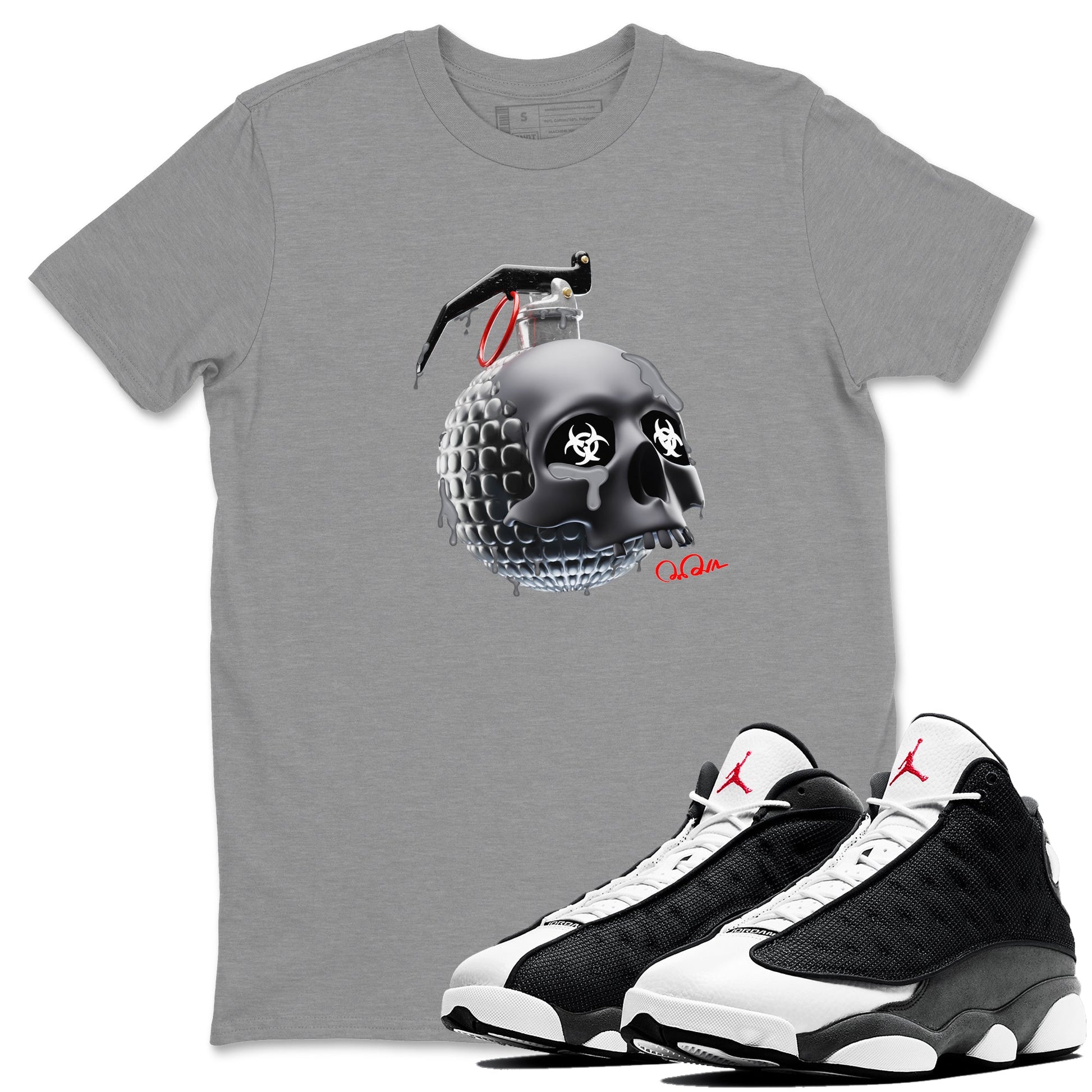 Air Jordan 13 Black Flint Sneaker Match Tees Skull Bomb Sneaker Tees AJ13 Retro Black Flint Sneaker Release Tees Unisex Shirts Heather Grey 1