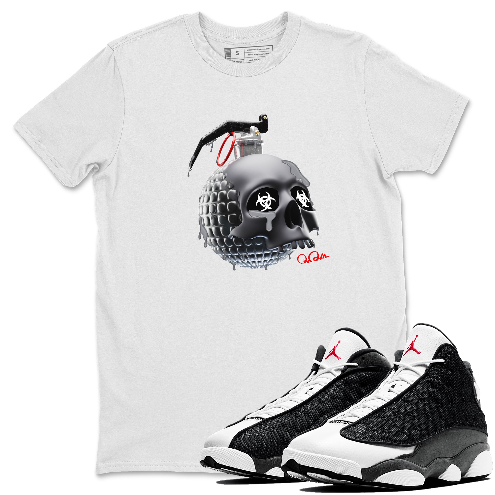Air Jordan 13 Black Flint Sneaker Match Tees Skull Bomb Sneaker Tees AJ13 Retro Black Flint Sneaker Release Tees Unisex Shirts White 1