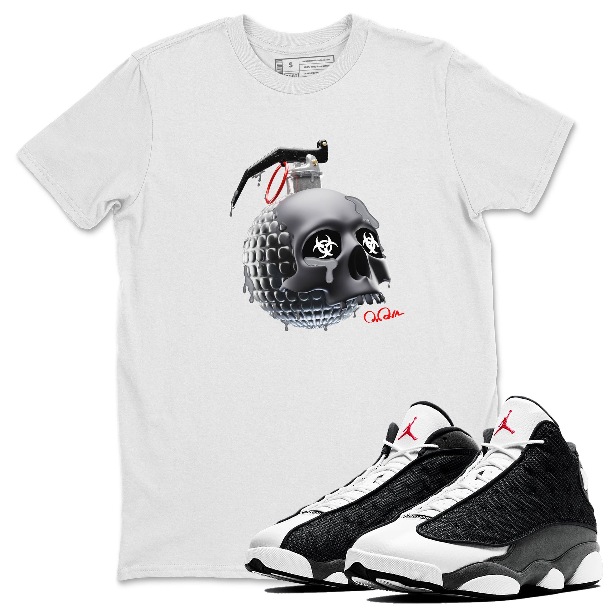 Air Jordan 13 Black Flint Sneaker Match Tees Skull Bomb Sneaker Tees AJ13 Retro Black Flint Sneaker Release Tees Unisex Shirts White 1