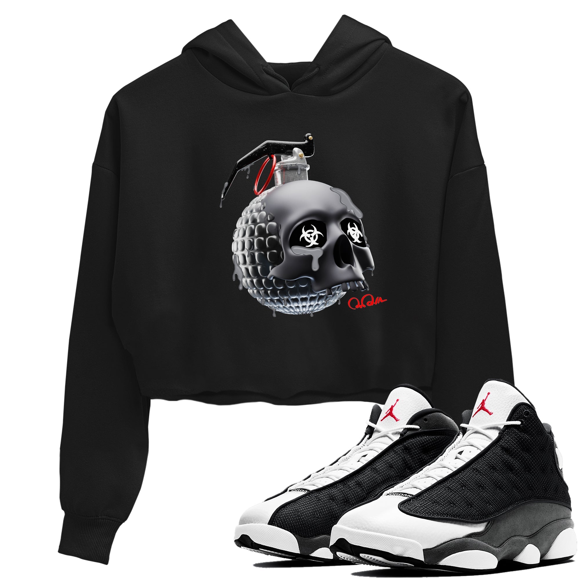 Air Jordan 13 Black Flint Sneaker Match Tees Skull Bomb Sneaker Tees AJ13 Retro Black Flint Sneaker Release Tees Women's Shirts Black 1