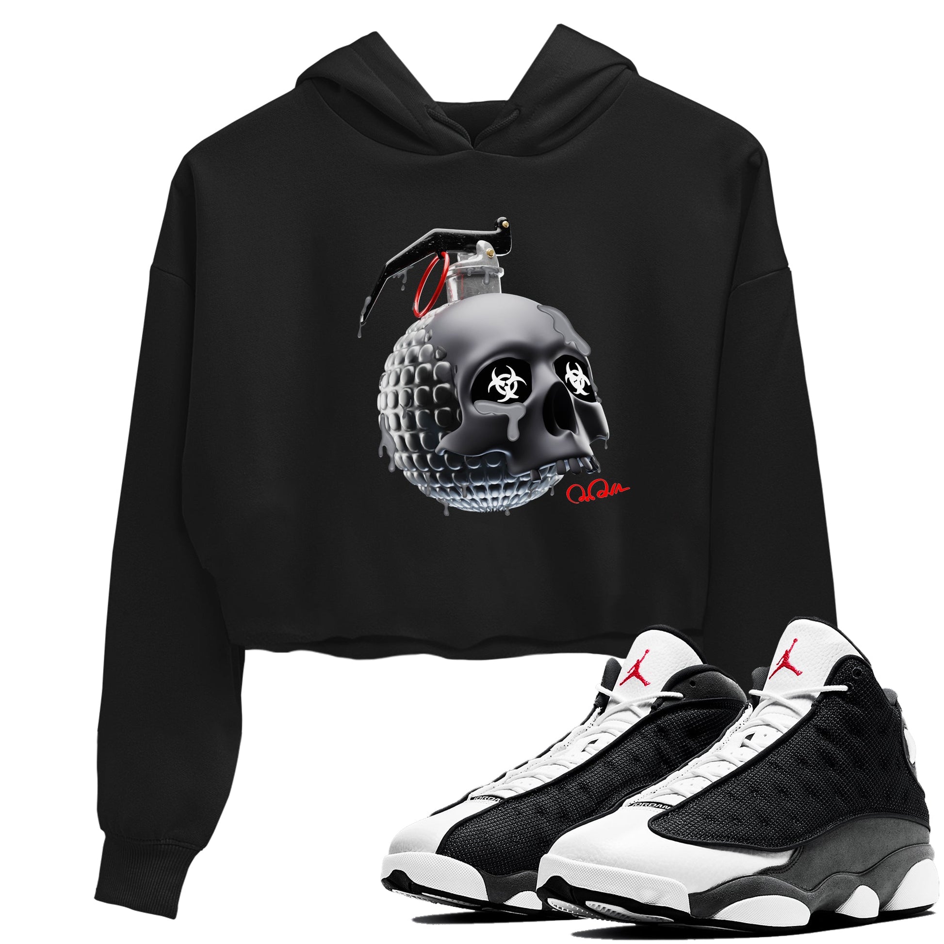 Air Jordan 13 Black Flint Sneaker Match Tees Skull Bomb Sneaker Tees AJ13 Retro Black Flint Sneaker Release Tees Women's Shirts Black 1
