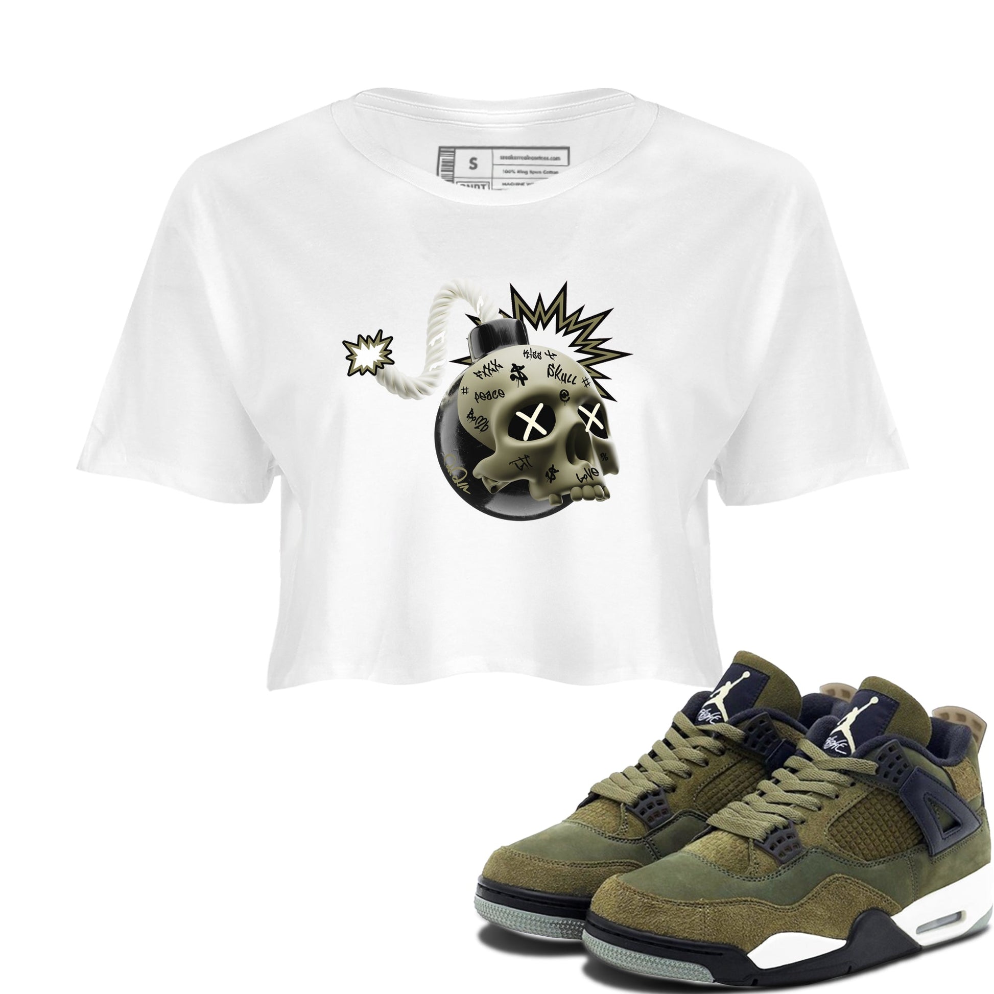Air Jordan 4 Medium Olive shirt to match jordans Skull Bomb sneaker tees AJ4Medium Olive SNRT Sneaker Release Tees White 1 Crop T-Shirt