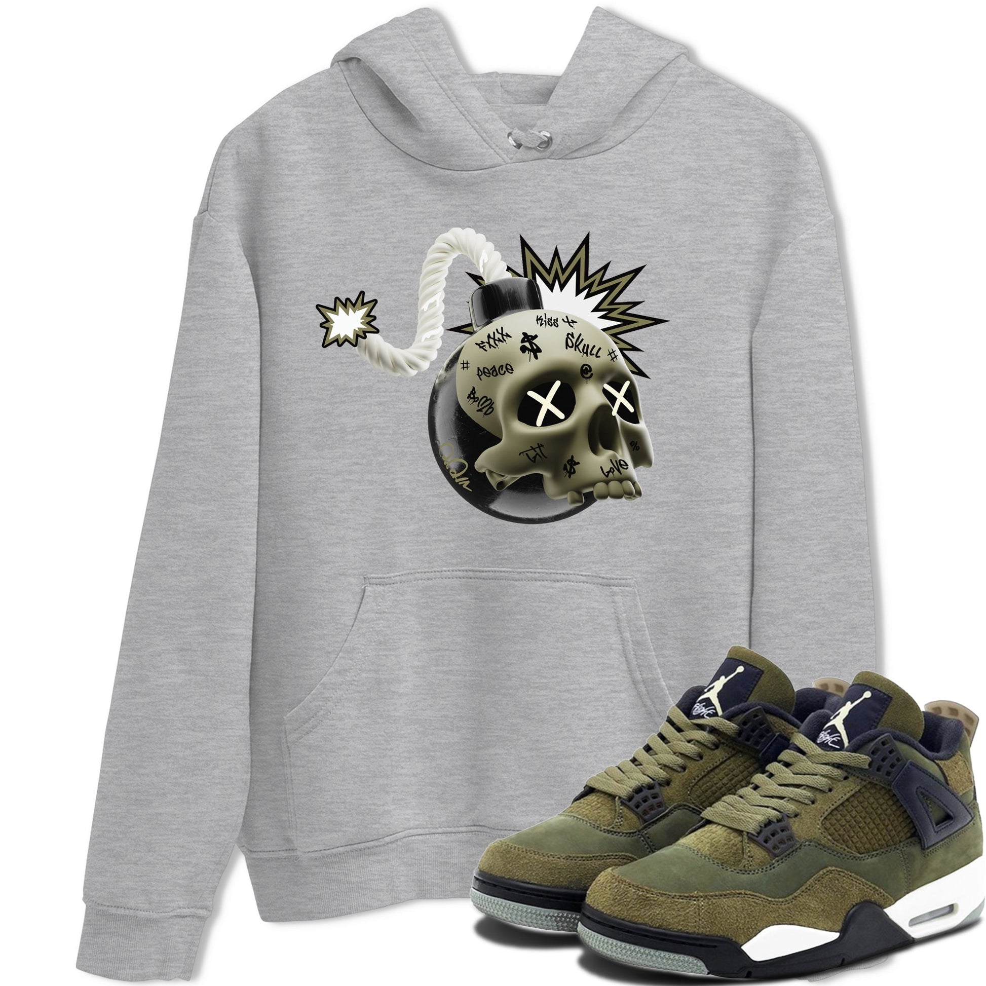 Air Jordan 4 Medium Olive shirt to match jordans Skull Bomb sneaker tees AJ4Medium Olive SNRT Sneaker Release Tees Unisex Heather Grey 1 T-Shirt