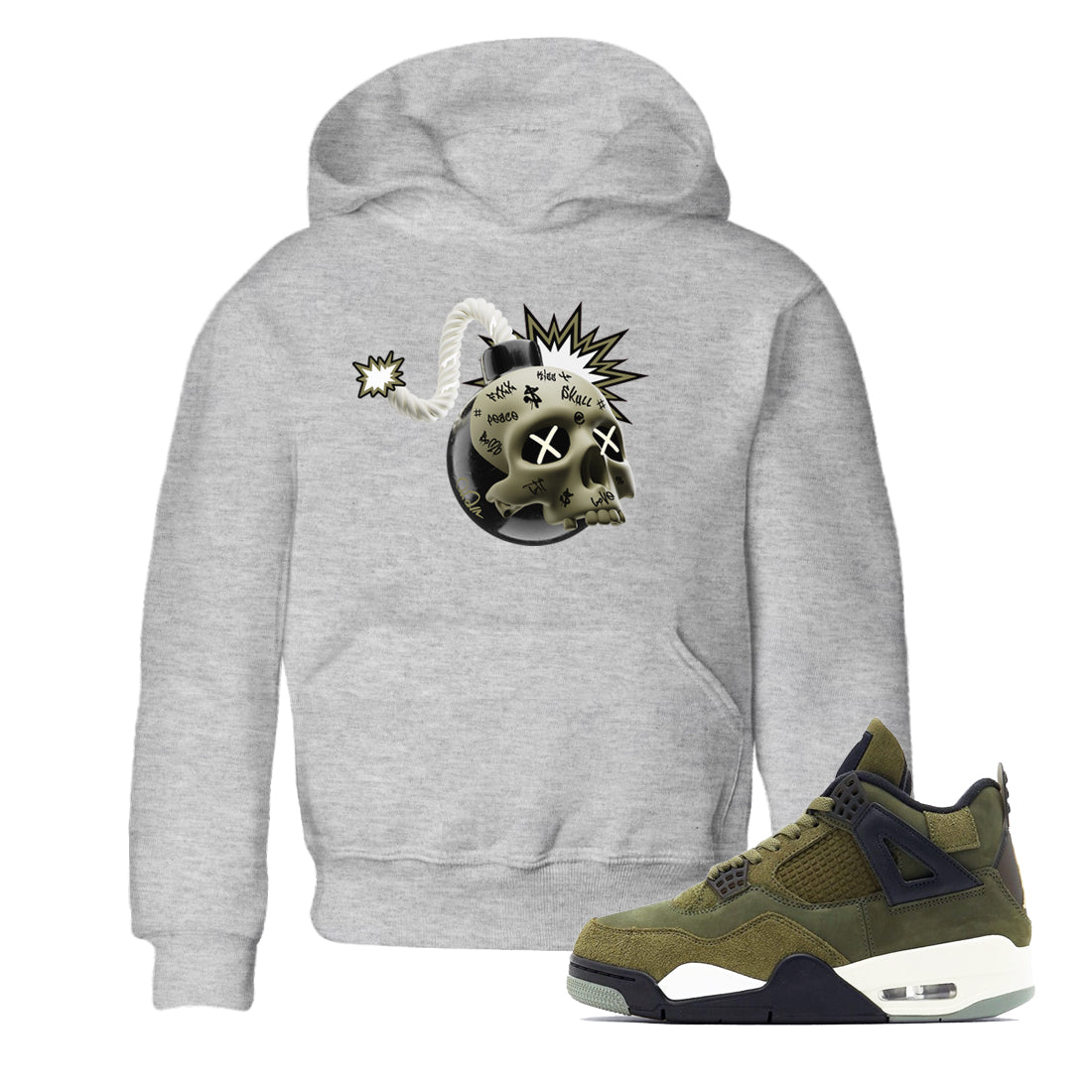 Air Jordan 4 Medium Olive shirt to match jordans Skull Bomb sneaker tees AJ4Medium Olive SNRT Sneaker Release Tees Baby Toddler Heather Grey 1 T-Shirt