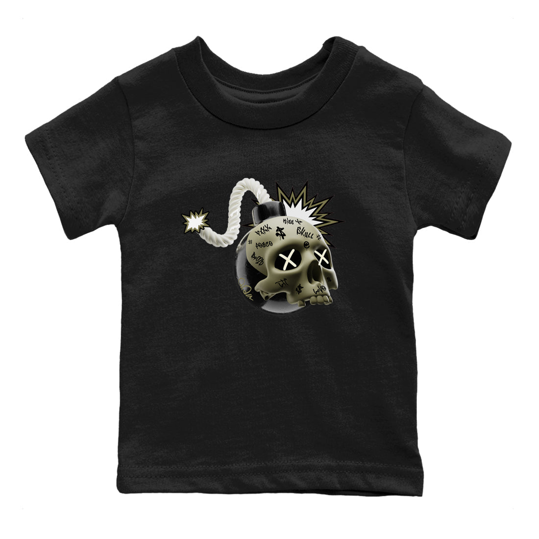 Air Jordan 4 Medium Olive shirt to match jordans Skull Bomb sneaker tees AJ4Medium Olive SNRT Sneaker Release Tees Baby Toddler Black 2 T-Shirt