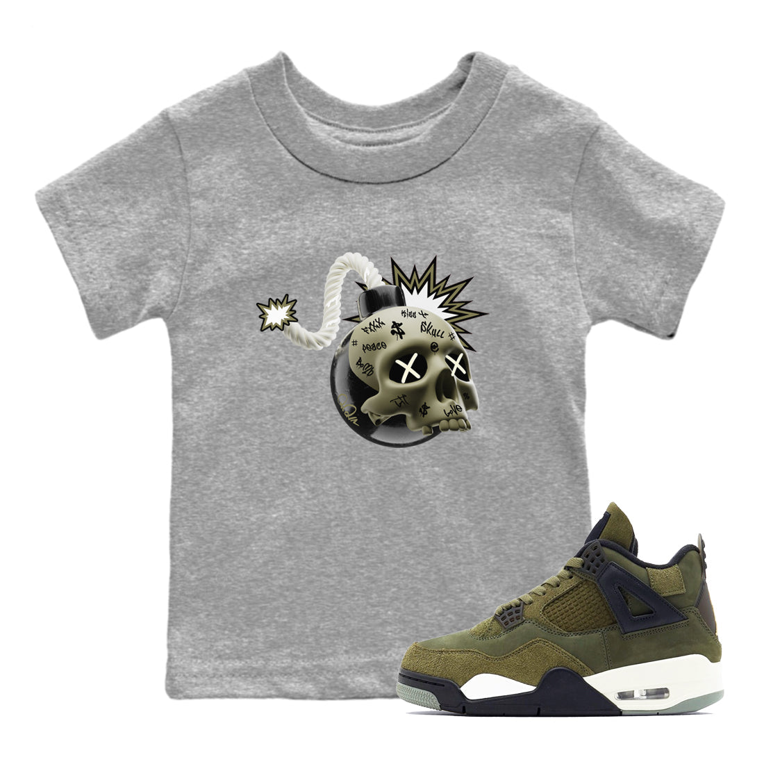 Air Jordan 4 Medium Olive shirt to match jordans Skull Bomb sneaker tees AJ4Medium Olive SNRT Sneaker Release Tees Baby Toddler Heather Grey 1 T-Shirt