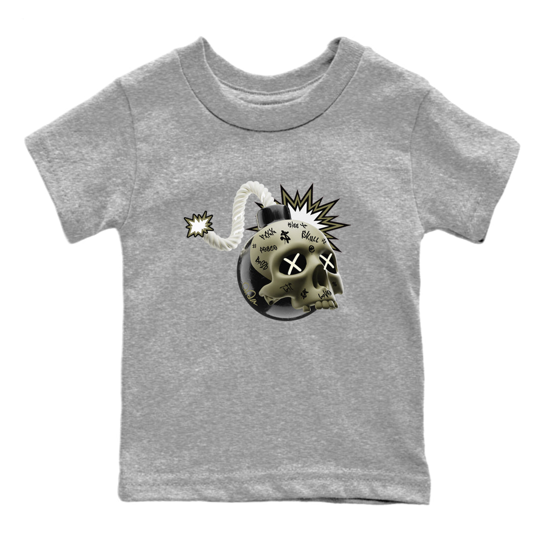 Air Jordan 4 Medium Olive shirt to match jordans Skull Bomb sneaker tees AJ4Medium Olive SNRT Sneaker Release Tees Baby Toddler Heather Grey 2 T-Shirt