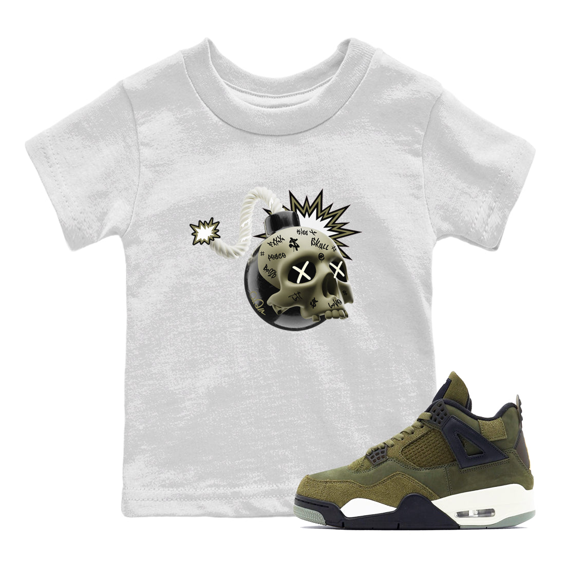 Air Jordan 4 Medium Olive shirt to match jordans Skull Bomb sneaker tees AJ4Medium Olive SNRT Sneaker Release Tees Baby Toddler White 1 T-Shirt