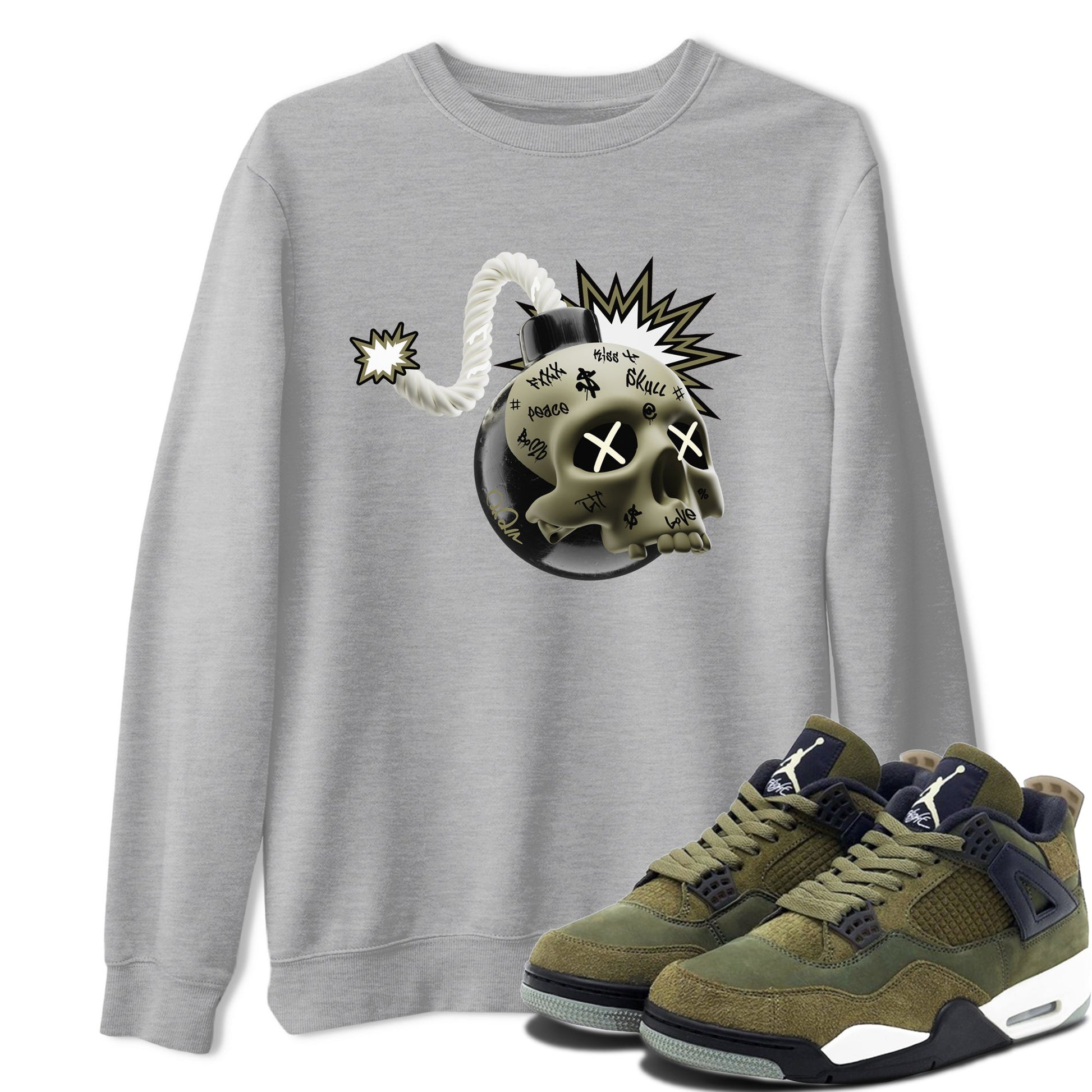 Air Jordan 4 Medium Olive shirt to match jordans Skull Bomb sneaker tees AJ4Medium Olive SNRT Sneaker Release Tees Unisex Heather Grey 1 T-Shirt